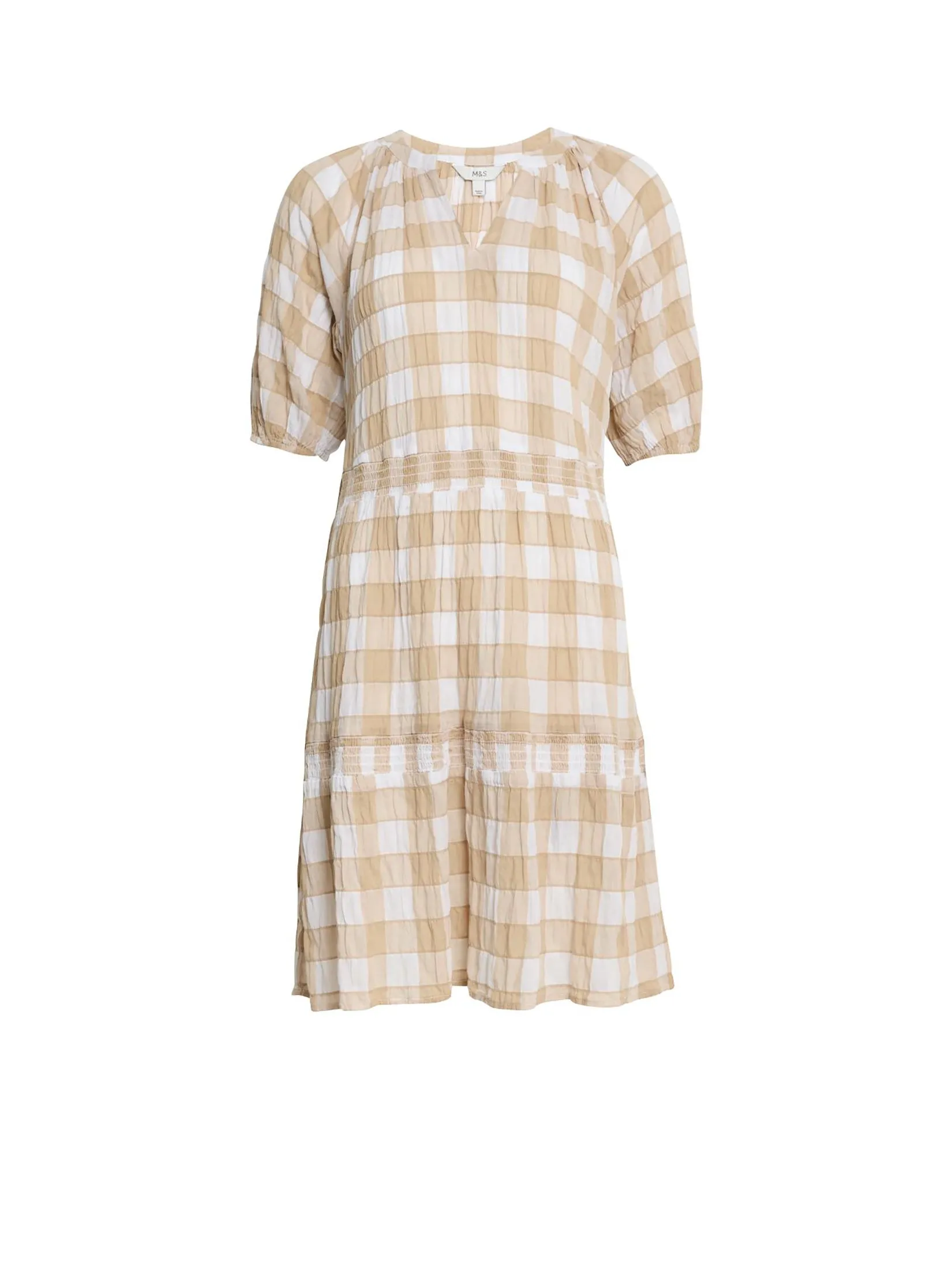 MARKS & SPENCER Women Mini Tiered Dress Cotton Rich Checked Natural Mix