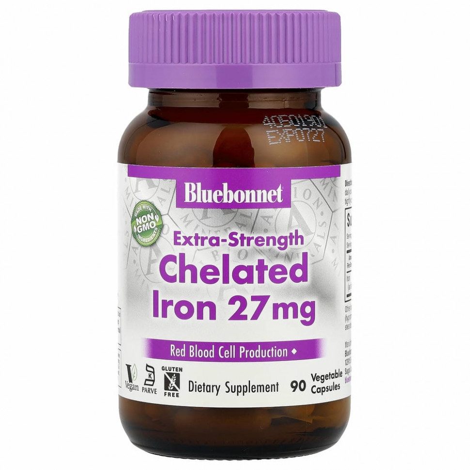 Bluebonnet Nutrition, Хелатное железо усиленного действия, 27 мг, 90 растительных капсул