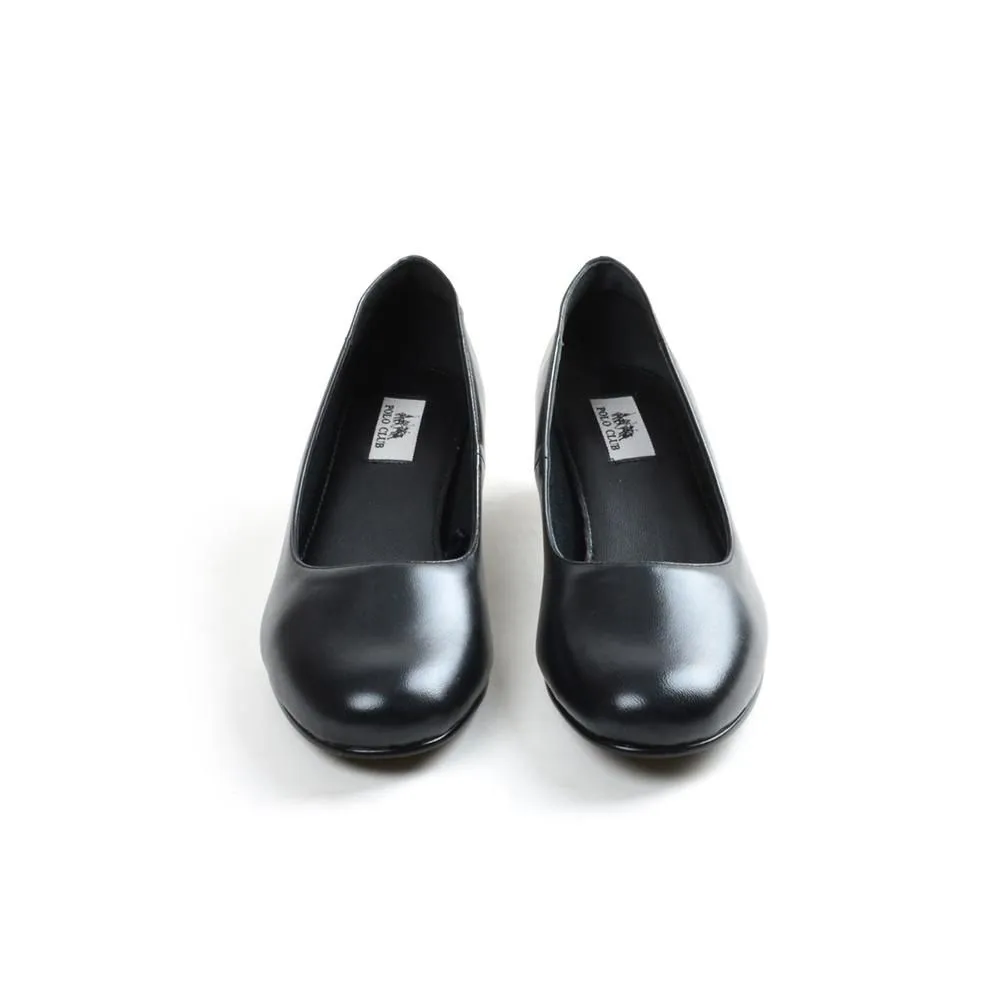 POLO CLUB Black Leather Court Shoes Rounded Toe Blocked Heel P1909
