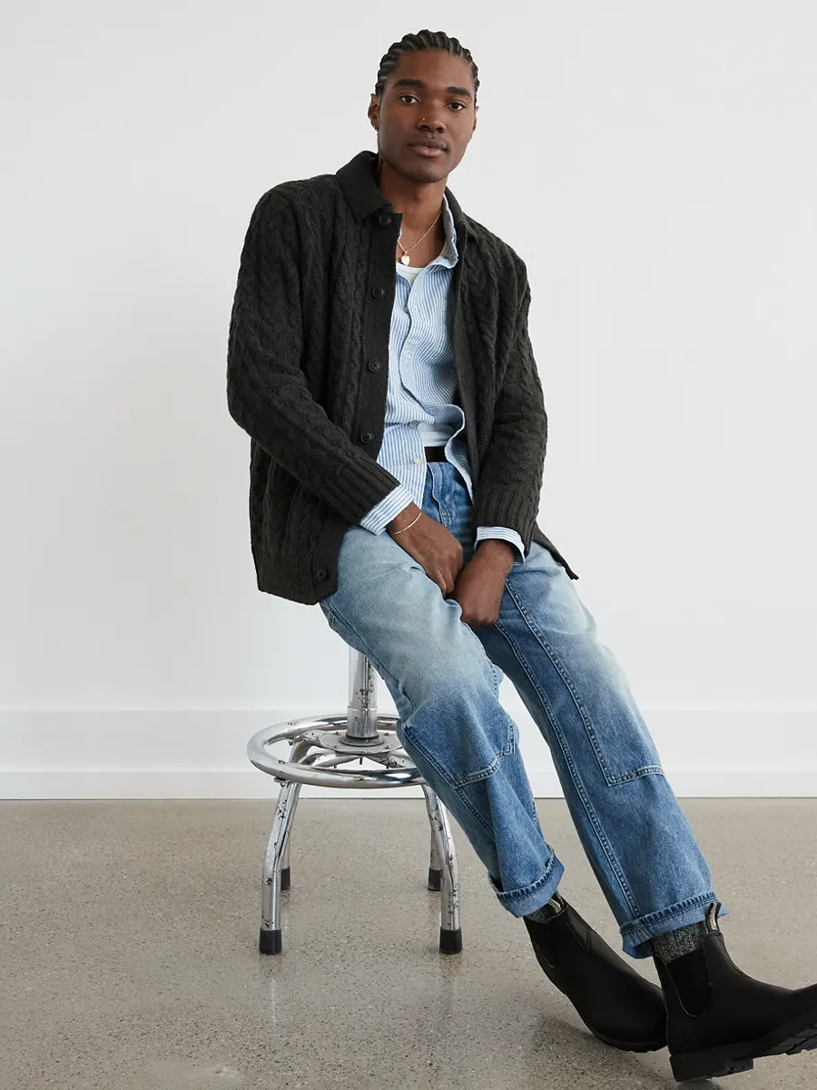 AMERICAN EAGLE MEN 1801 LS BTTN UP MOCK NECK POLO 024 DARK GRAY