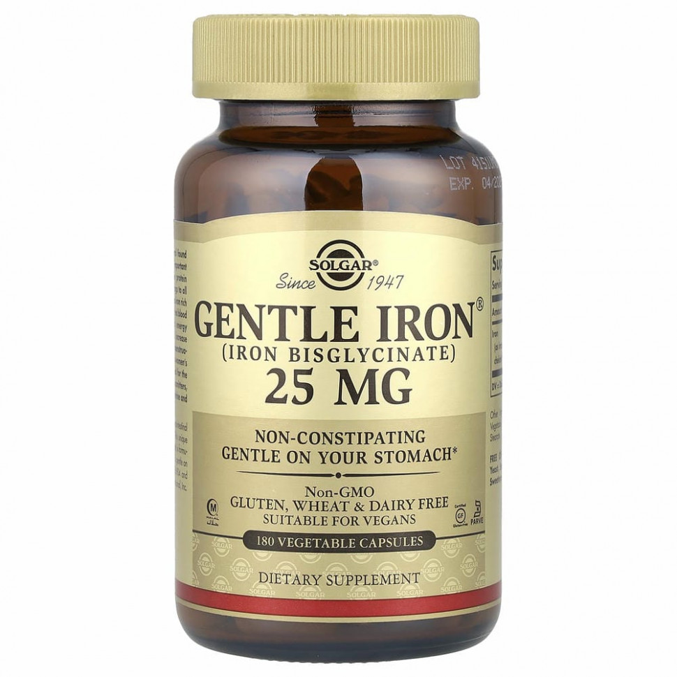 Solgar, Gentle Iron, 25 мг, 180 растительных капсул
