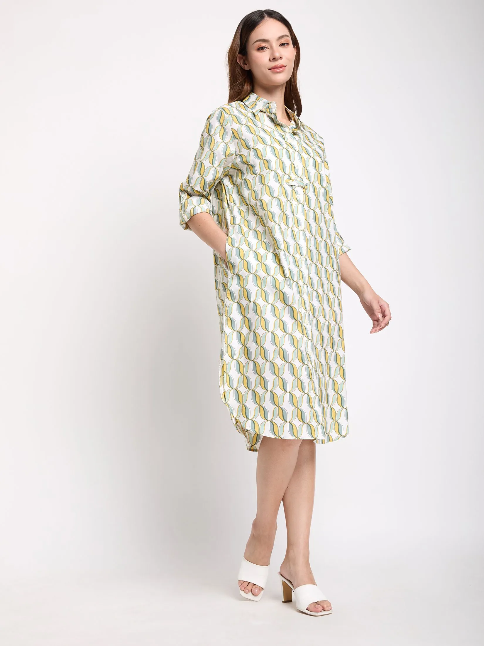 ALUMNUS Women Dress Long Sleeves Collar Neck Print Yellow