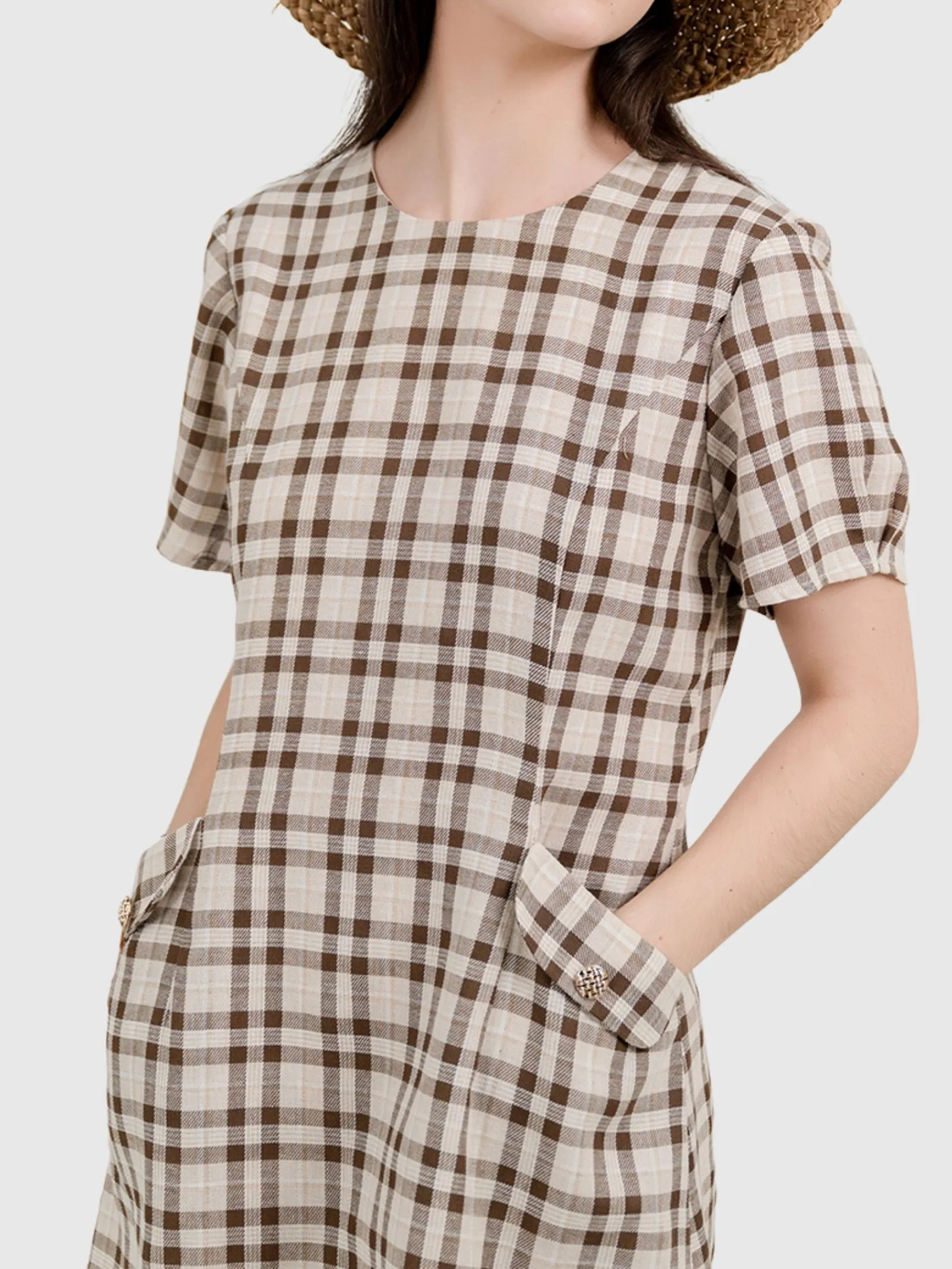 AMILA Women Dress Short Sleeves Linen Brown