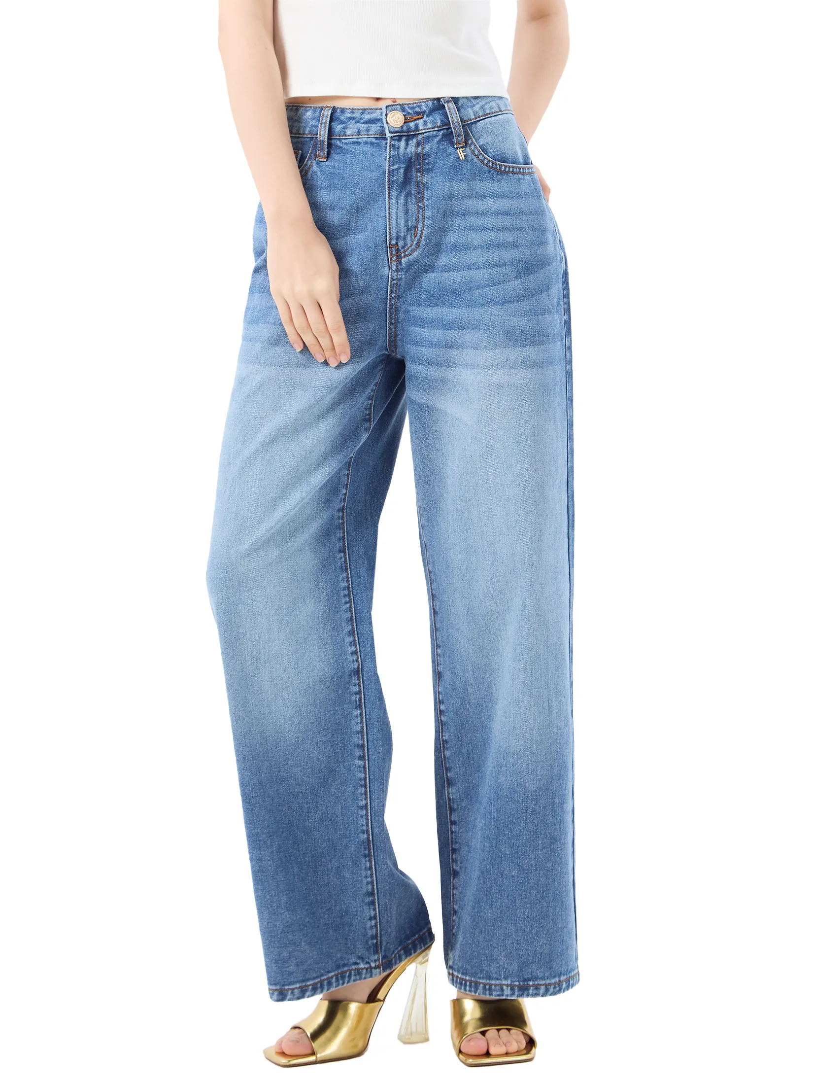 F-FASHION Wide-Leg Fit Jeans Women Blue