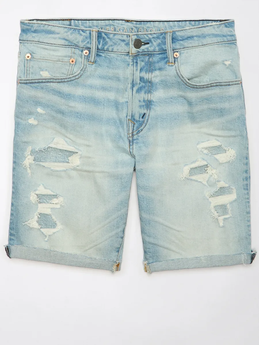 AMERICAN EAGLE MEN MEDIUM W/ DESTROY GLUEBACK BAGGY JEAN SHORT - CUT & CUFF 973 INDIGO SKYLIGHT DESTROY