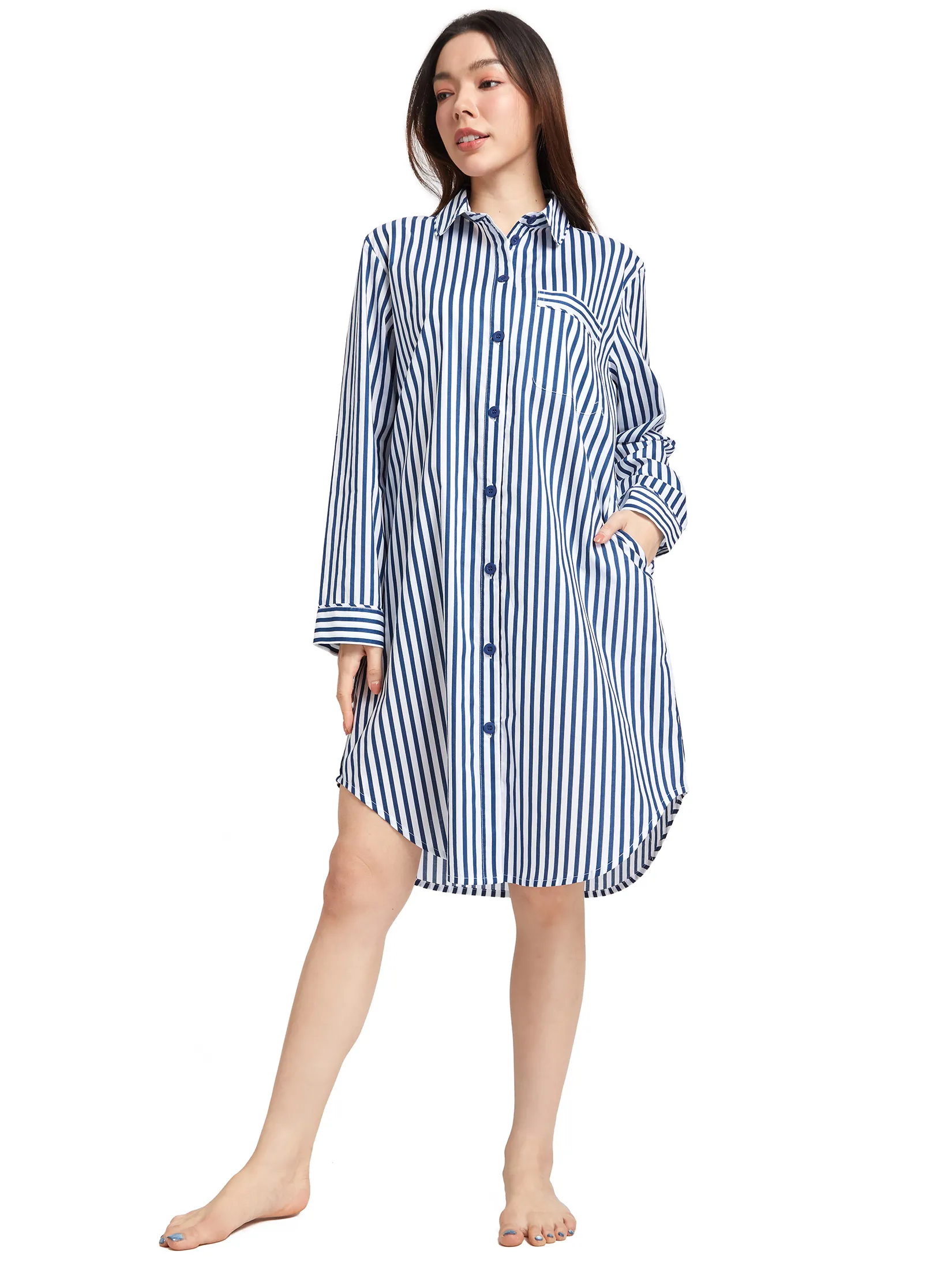CLAUDIA'S ROMANCE Women Night Dress Shirt Long Sleeves Striped Print Multi-Color Size - 2XL