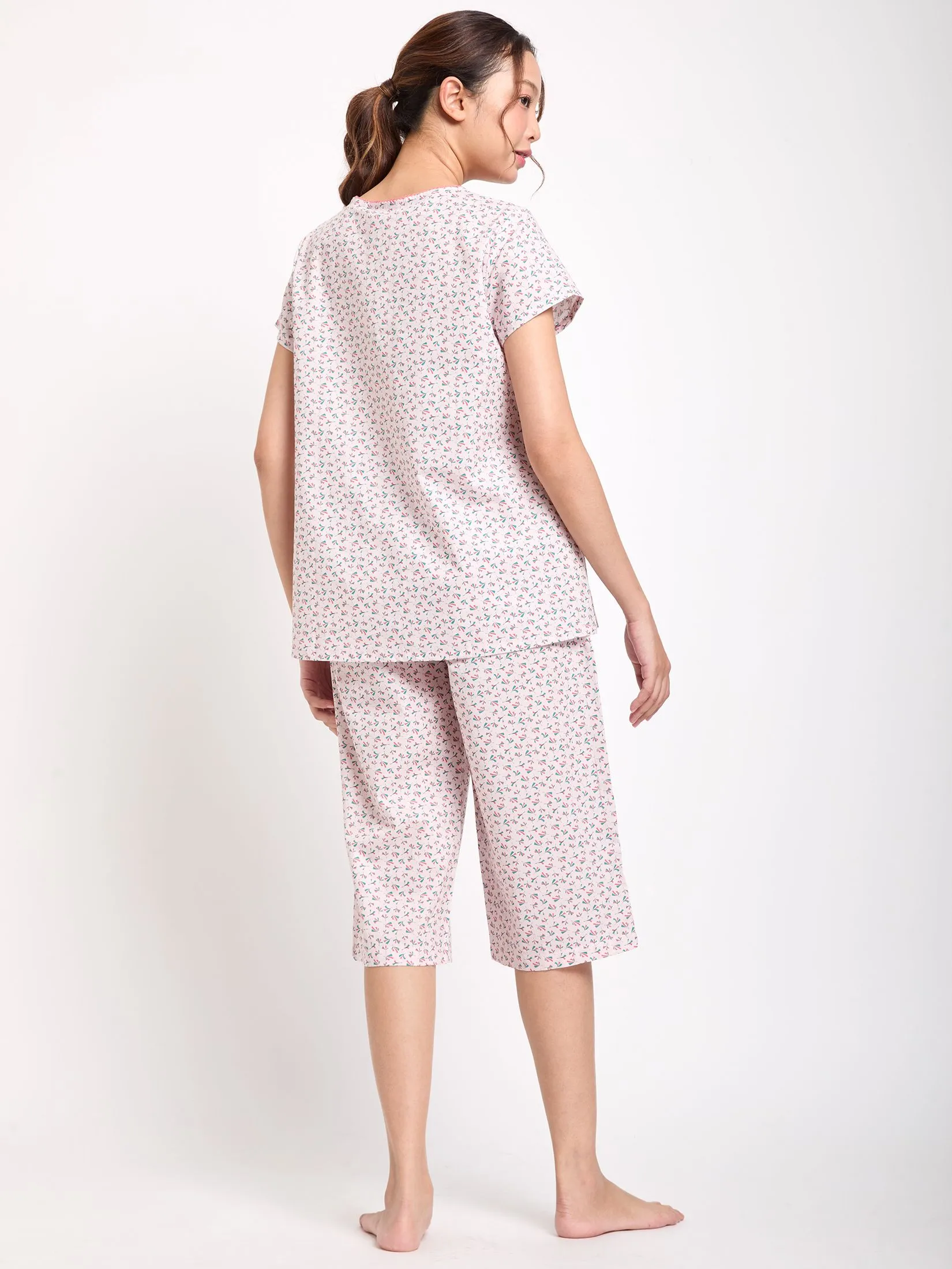 CLAUDIA'S ROMANCE Women Pyjamas T-Shirt Short Sleeves Crew Neck + 3/4 Pants Print Pink