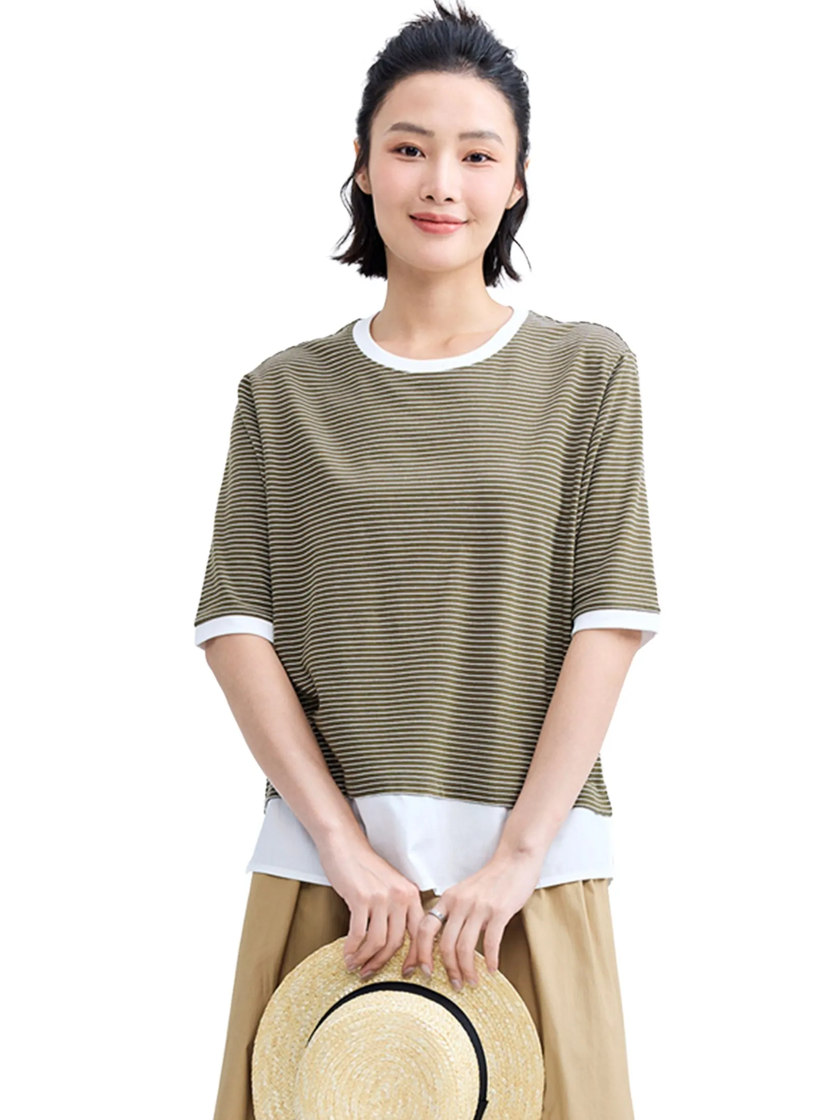 GIORDANO Women's Beau Monde Stripe Patchwork T-shirt Green White