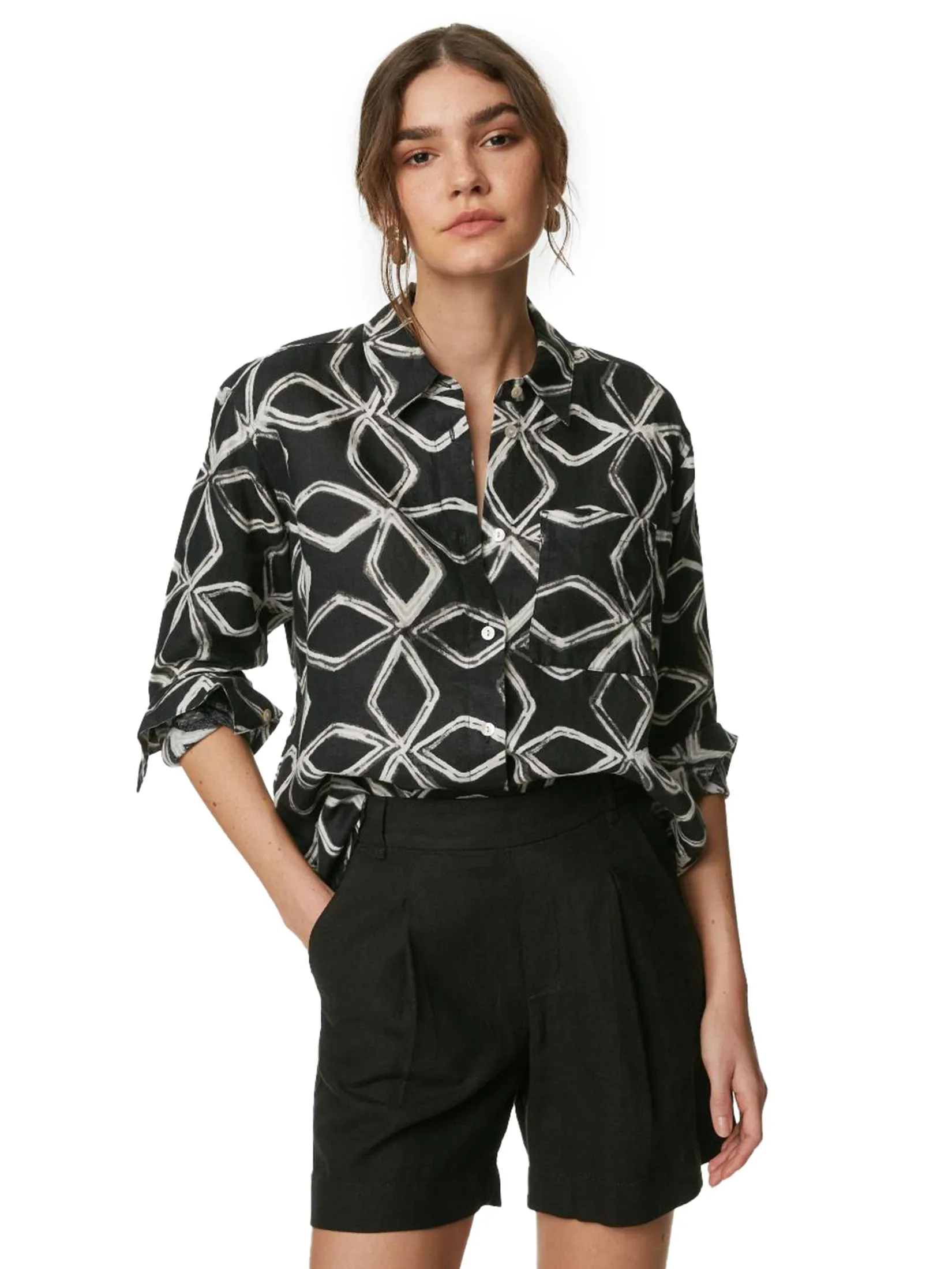 MARKS & SPENCER Women Shirt Pure Linen Printed Collared Relaxed White/Black
