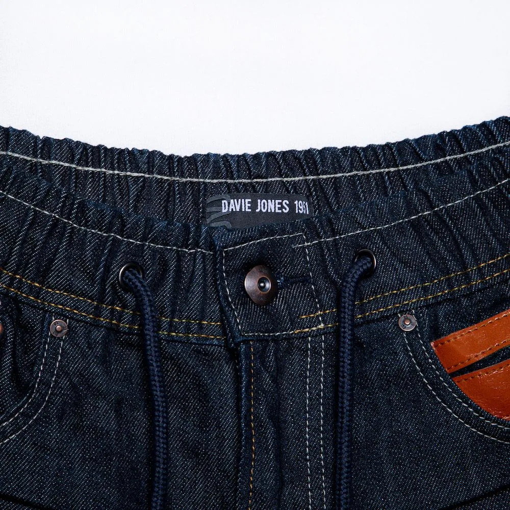 DAVIE JONES NAVY ELASTICATED WAIST STRAPPED DENIM SHORTS SH0028NV