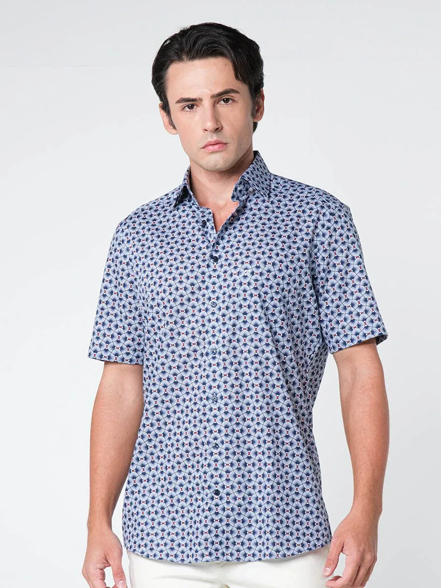 OLYMP MEN SHIRT SHORT SLEEVES CASUAL SHIRT MODERN FIT NAVY PATTERN PRINT