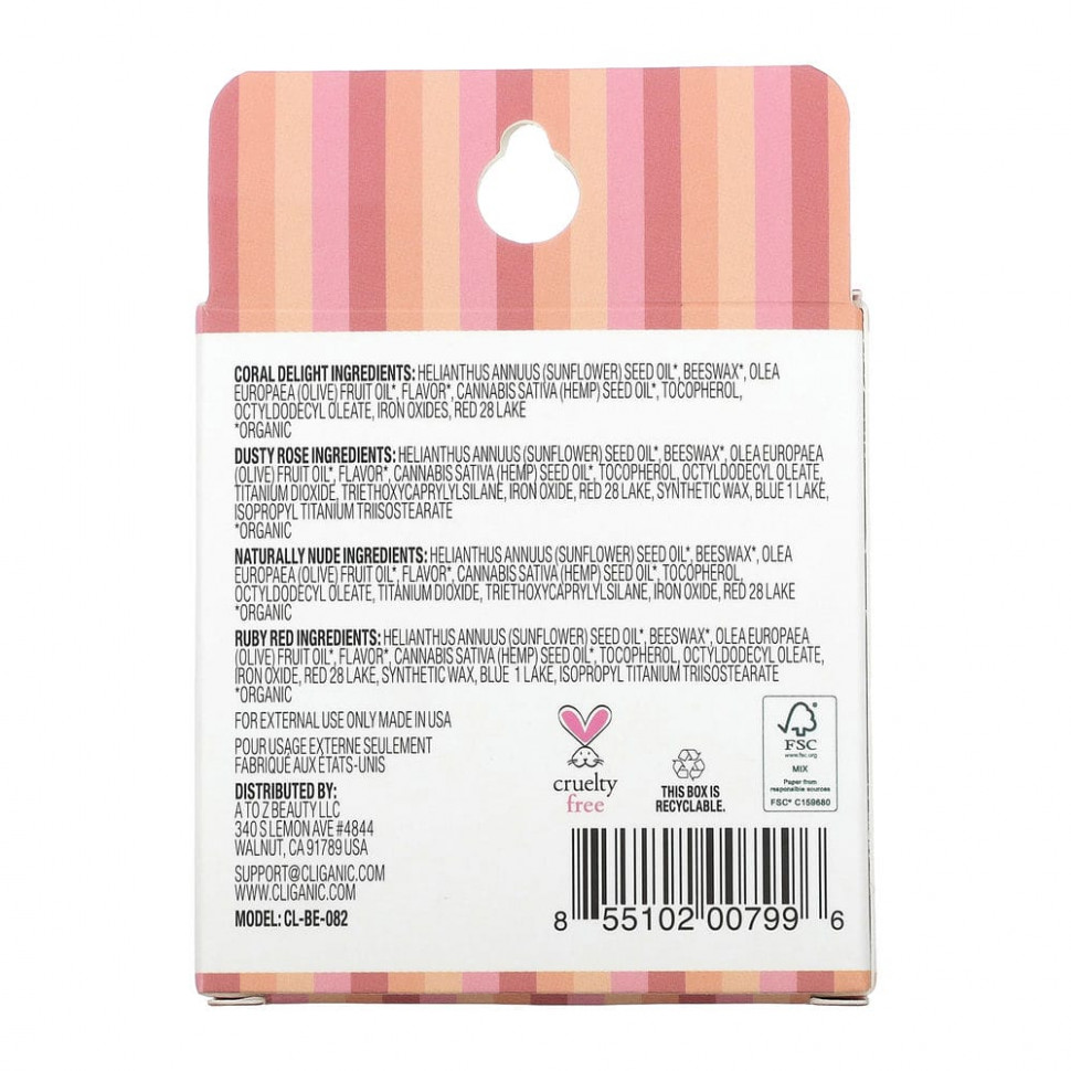 Cliganic, Тонирующий бальзам для губ, оттенок цвета, 4 шт. В упаковке, по 4,25 г (0,15 унции)