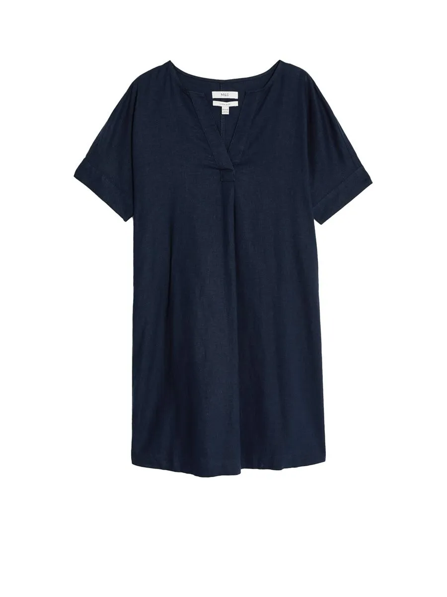 MARKS & SPENCER Women Dress V-Neck Knee Length Shift Linen Rich Navy