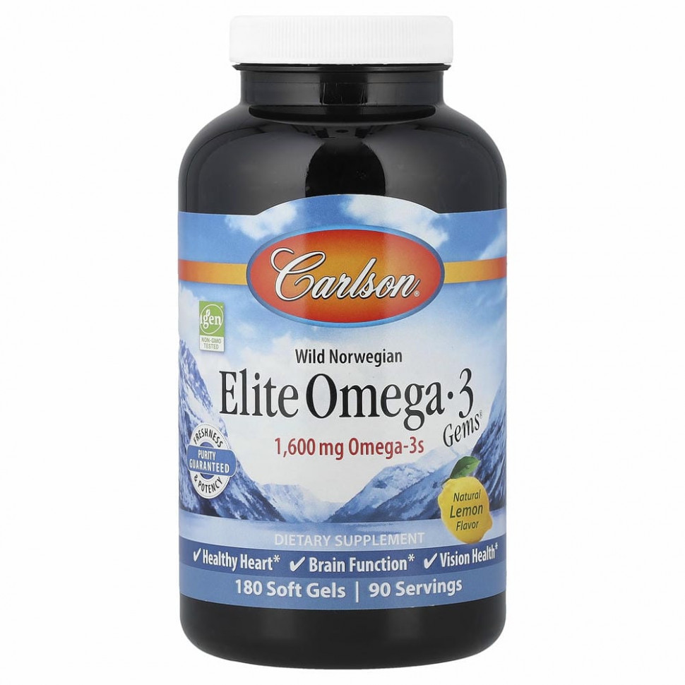 Carlson Labs, Wild Caught, Elite Omega-3 Gems, отборные омега-3 кислоты, натуральный лимонный вкус, 800 мг, 180 капсул