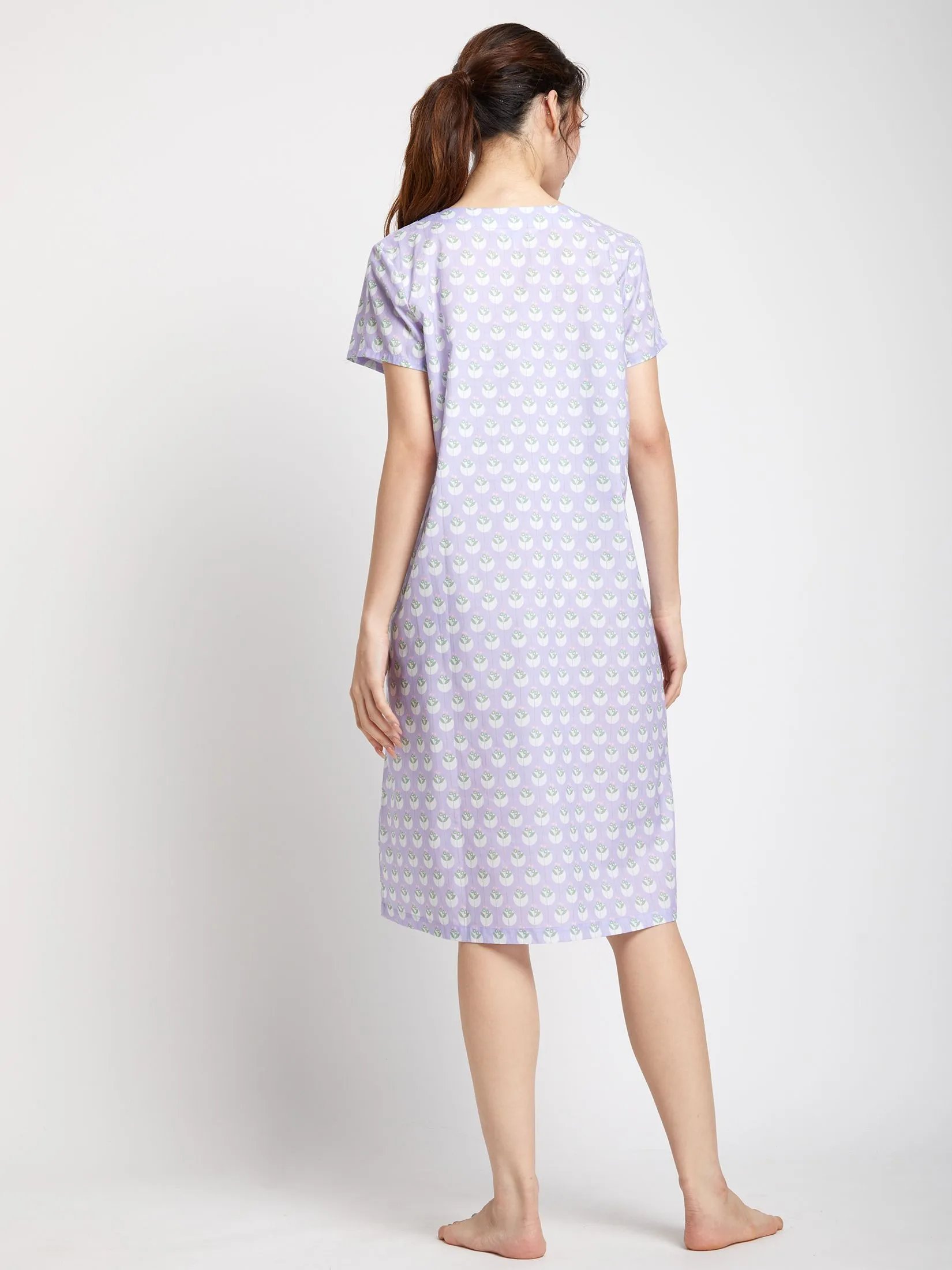 CLAUDIA'S ROMANCE Women Night Dress Short Sleeves V-Neck Purple