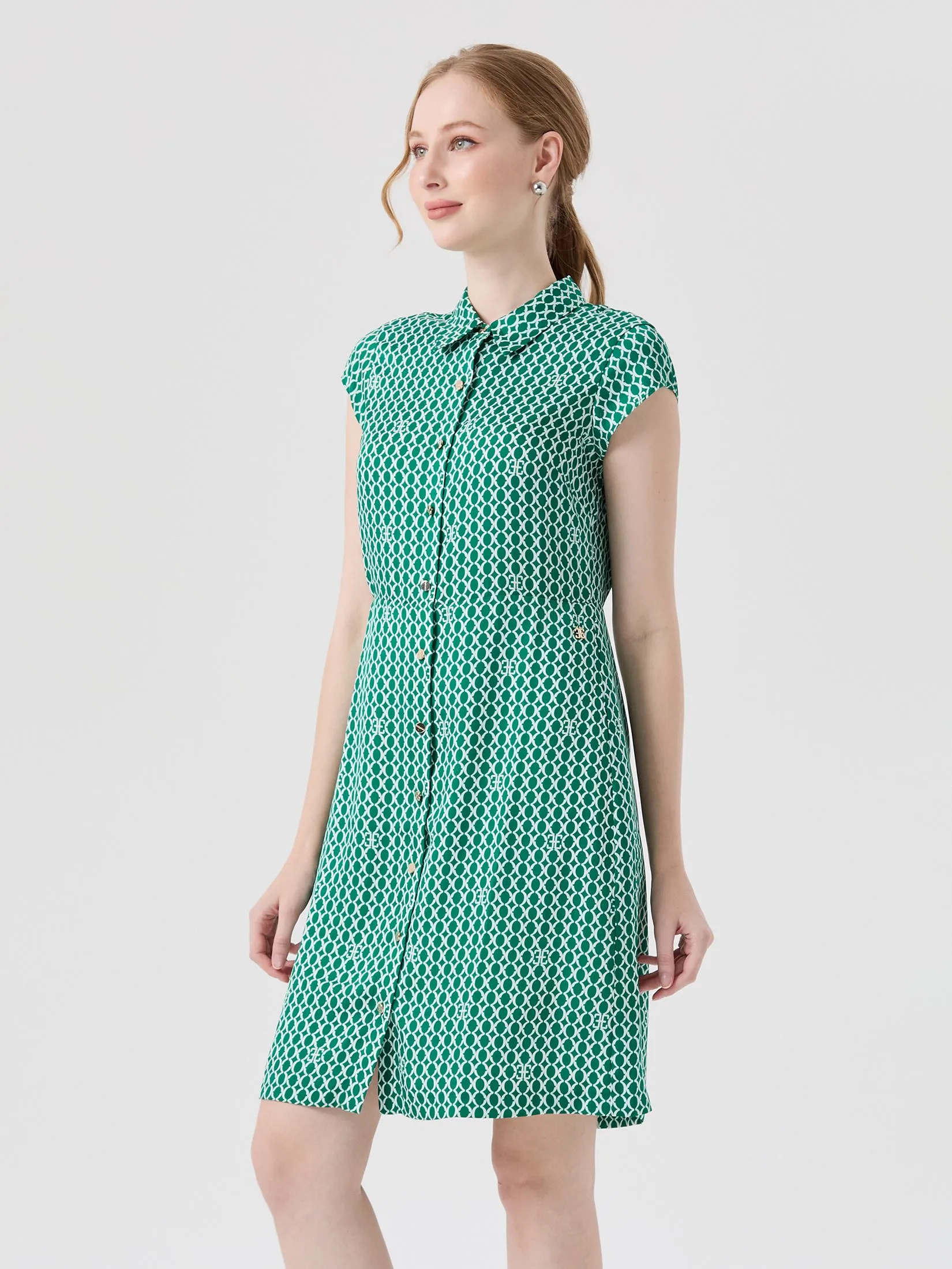 ESPADA Knee-Length Geometric Print Shirt Dress Women Green
