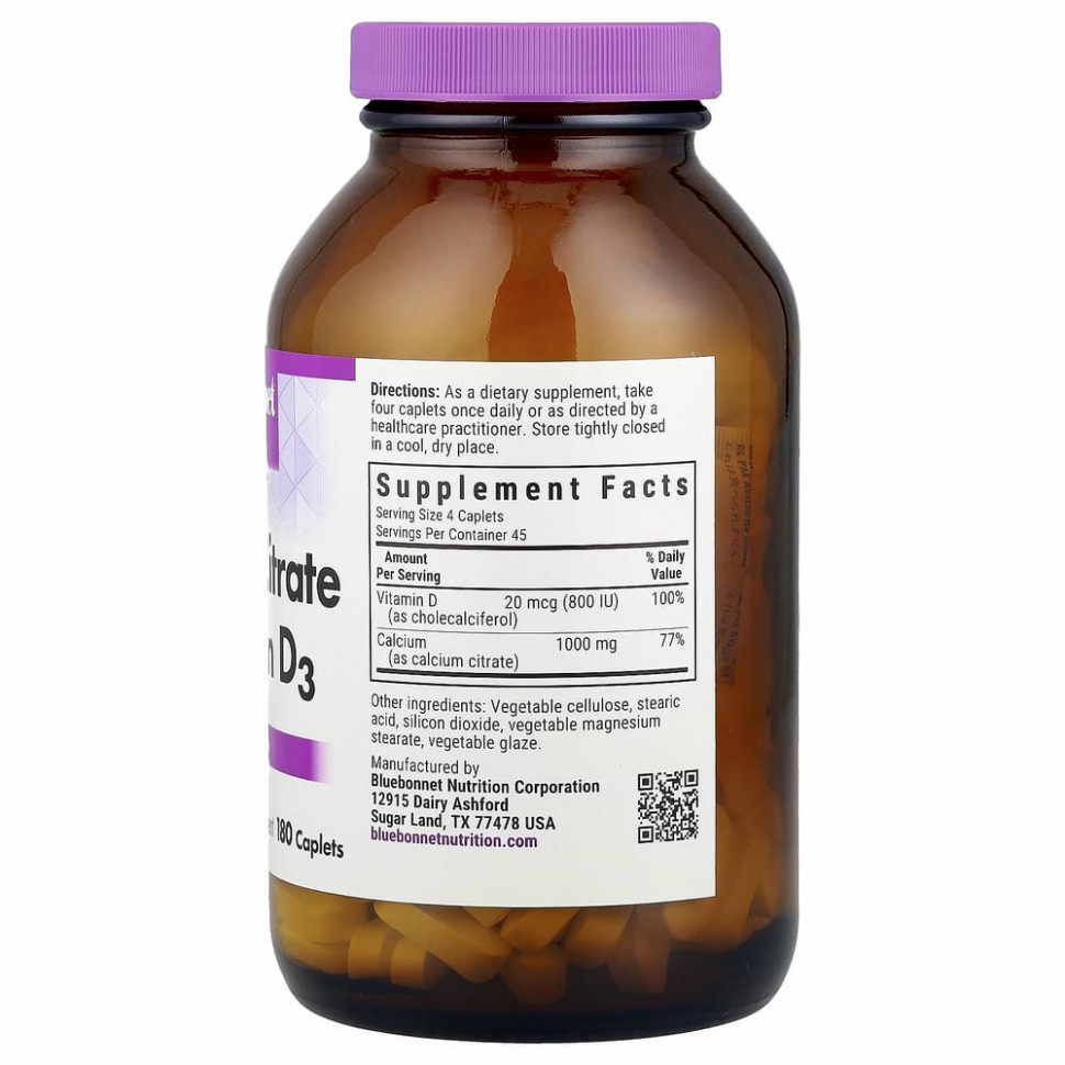 Bluebonnet Nutrition, цитрат кальция и витамин D3, 180 капсул