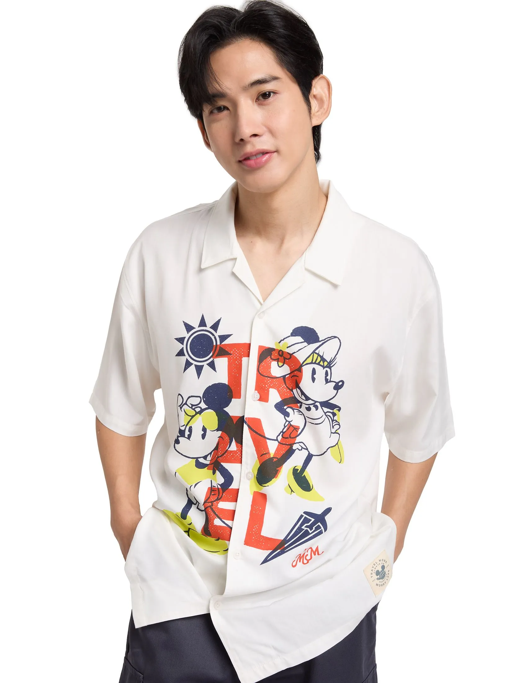 PACIFIC UNION Men Oversized Shirt Short Sleeves Mickey Mouse Graphic Printed White