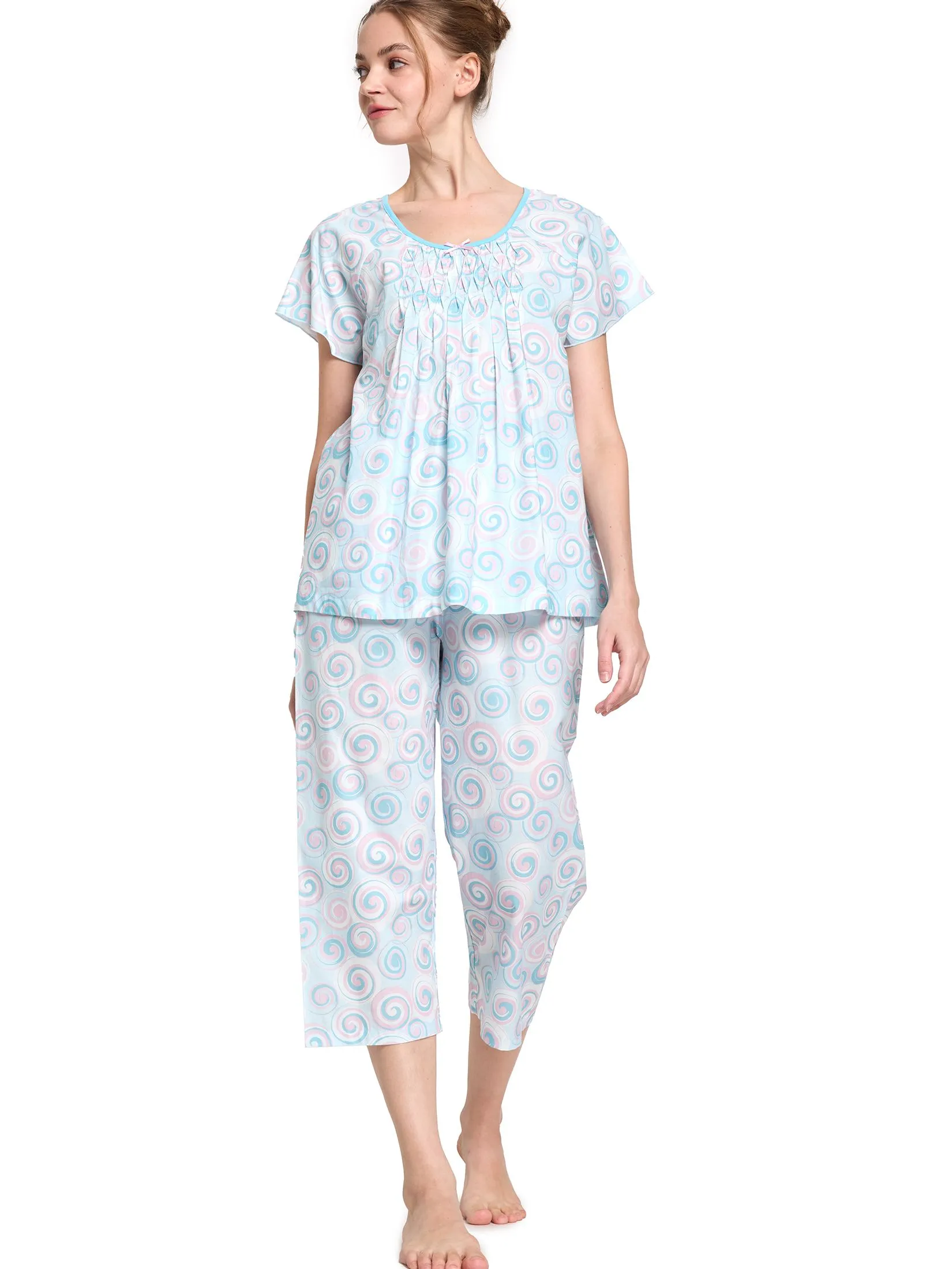 CLAUDIA'S ROMANCE Women Pyjamas Set Top Short Sleeves + Cropped Pants Light Blue