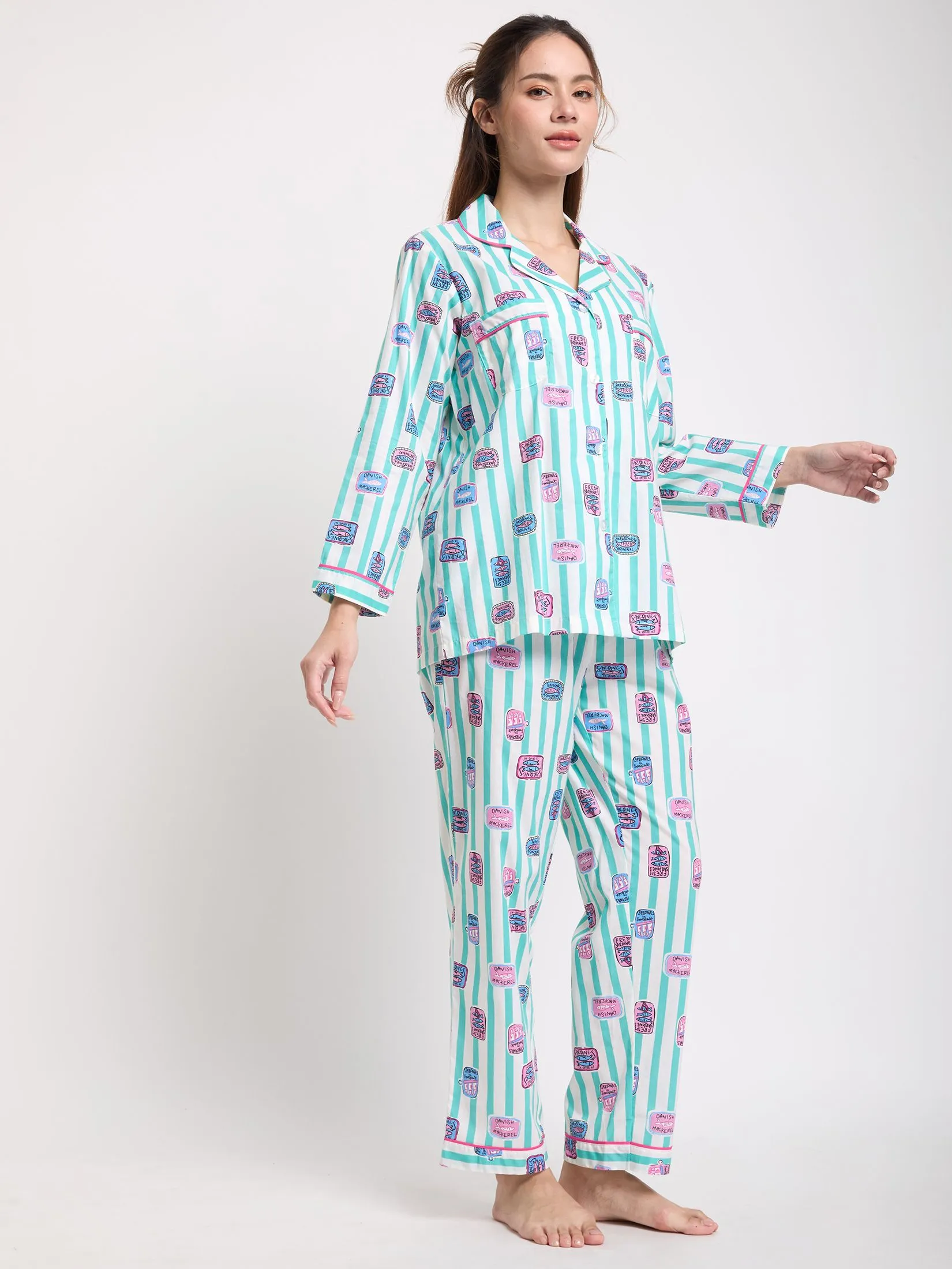 FOF Women Pyjamas Shirt Long Sleeves Collar Neck + Pants Print Green