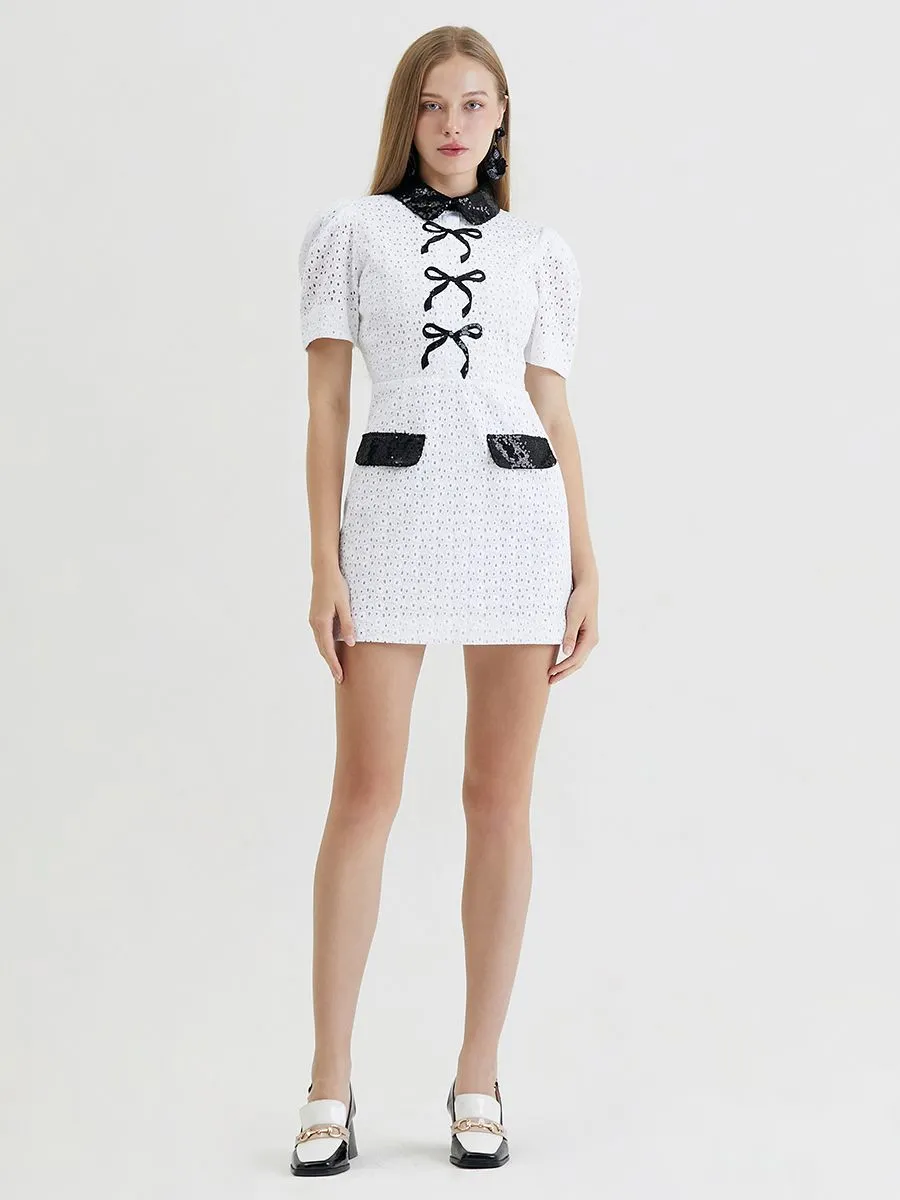 KLOSET (RS24)Ribbon Bow Openwork Dress White