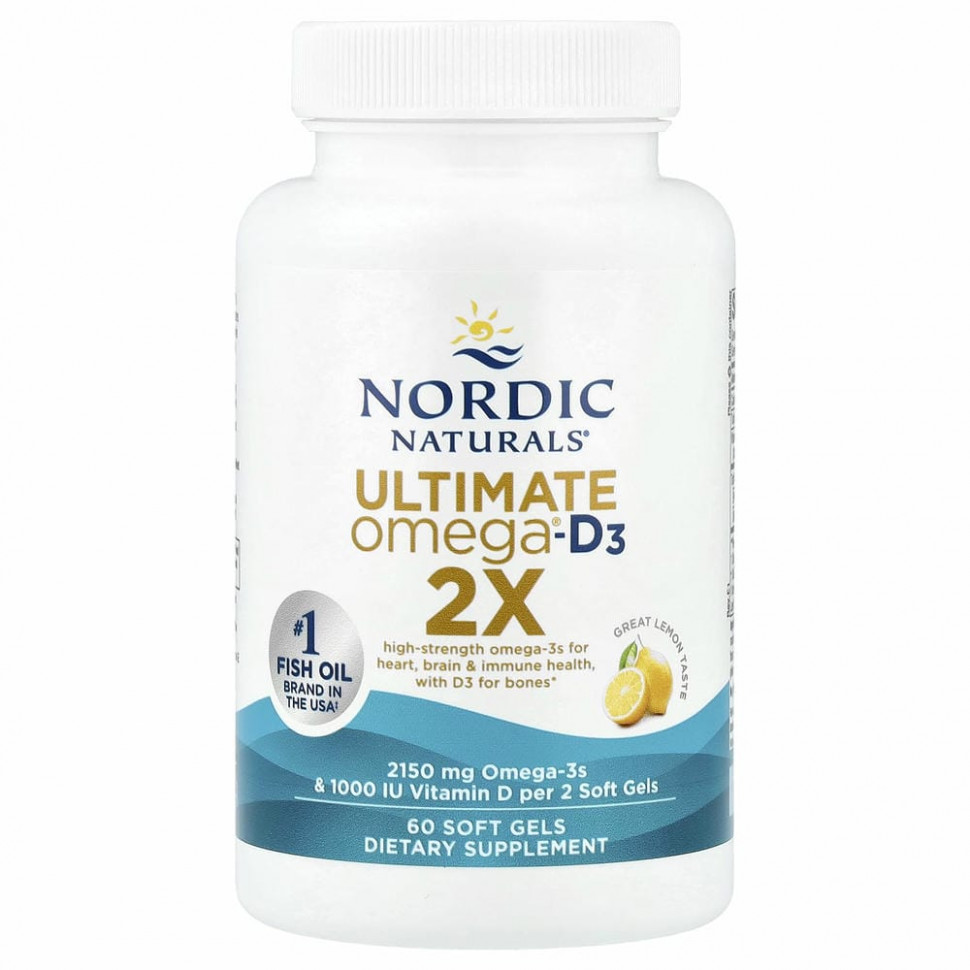 Nordic Naturals, Ultimate Omega 2X с витамином D3, лимон, 60 мягких желатиновых капсул