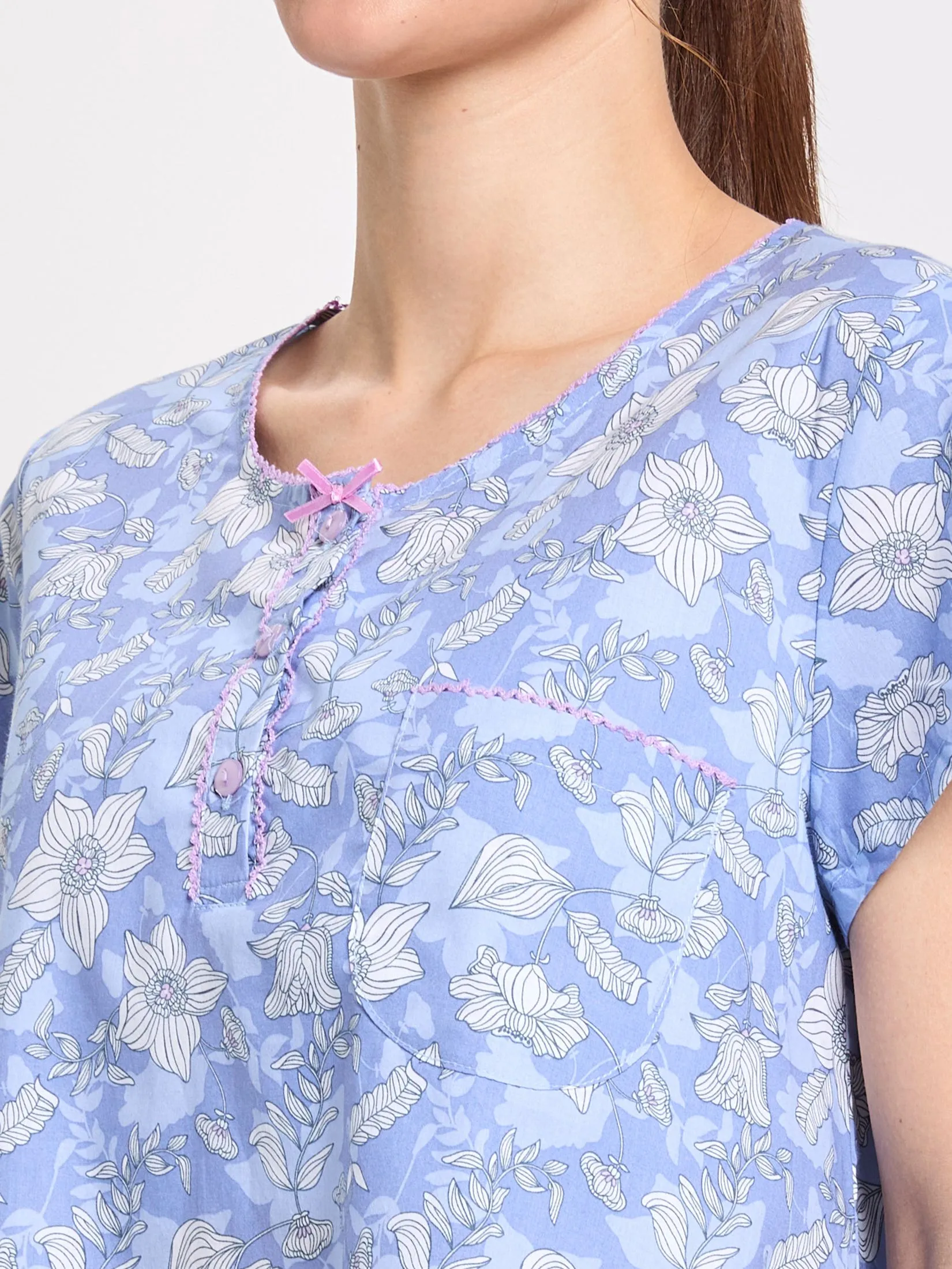 CLAUDIA'S ROMANCE Women Pyjamas Polo Round Neck + 3/4 Pants Print Blue