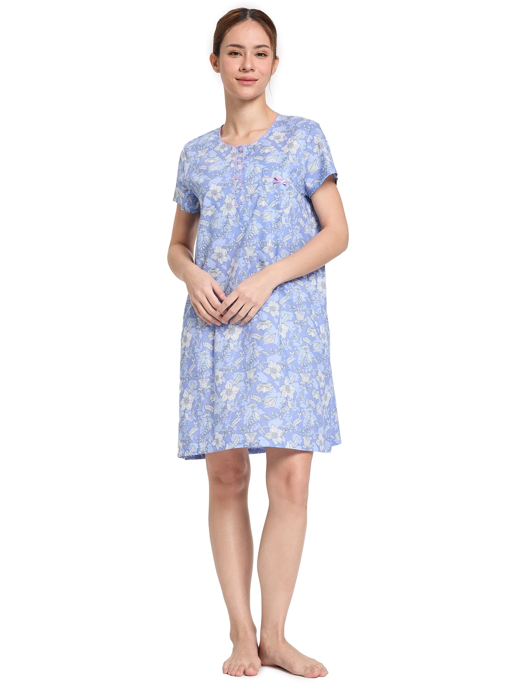 CLAUDIA'S ROMANCE Women Pyjamas Dress Short Sleeves Round Neck Print Blue Size - L