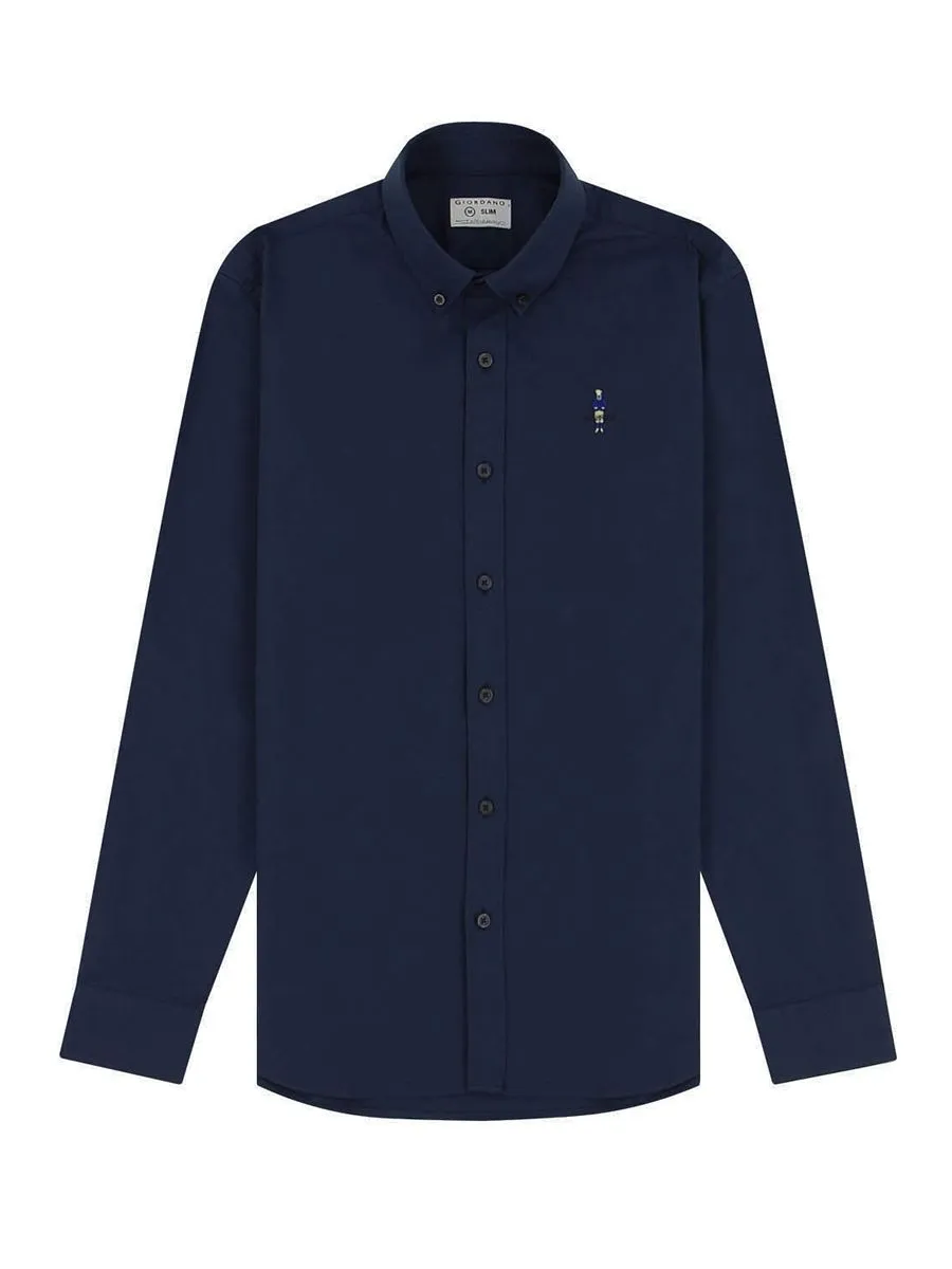 GIORDANO Men's Slim Embroidery Stretch Oxford Shirts (Classic Man) Navy