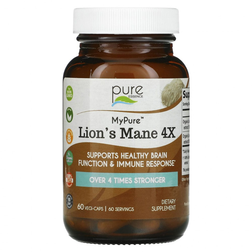 Pure Essence, MyPure, ежовик гребенчатый 4X, 60 растительных капсул