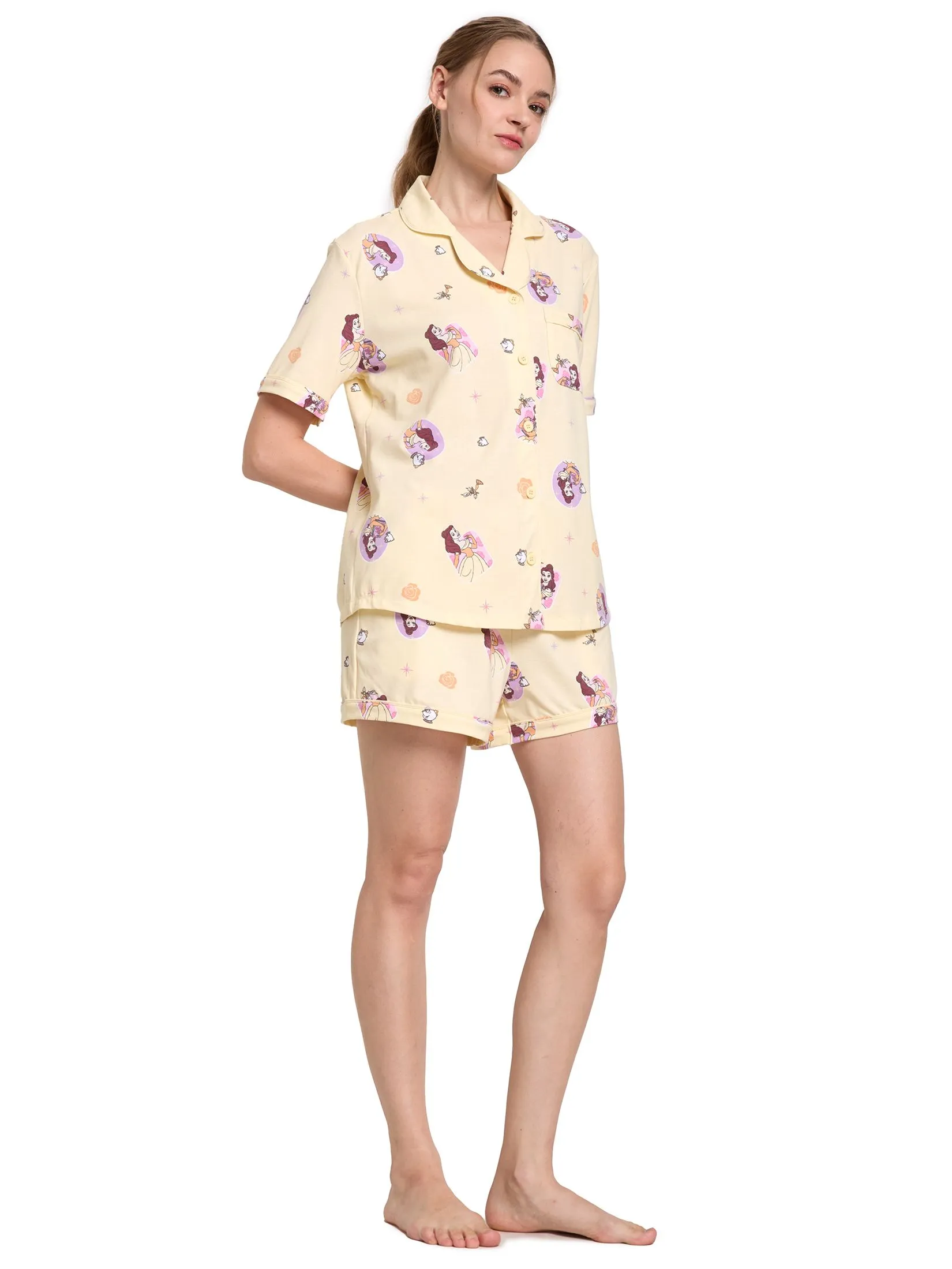SWEET SENSATIONS Women Pyjamas Shirt Short Sleeves + Shorts Print Yellow