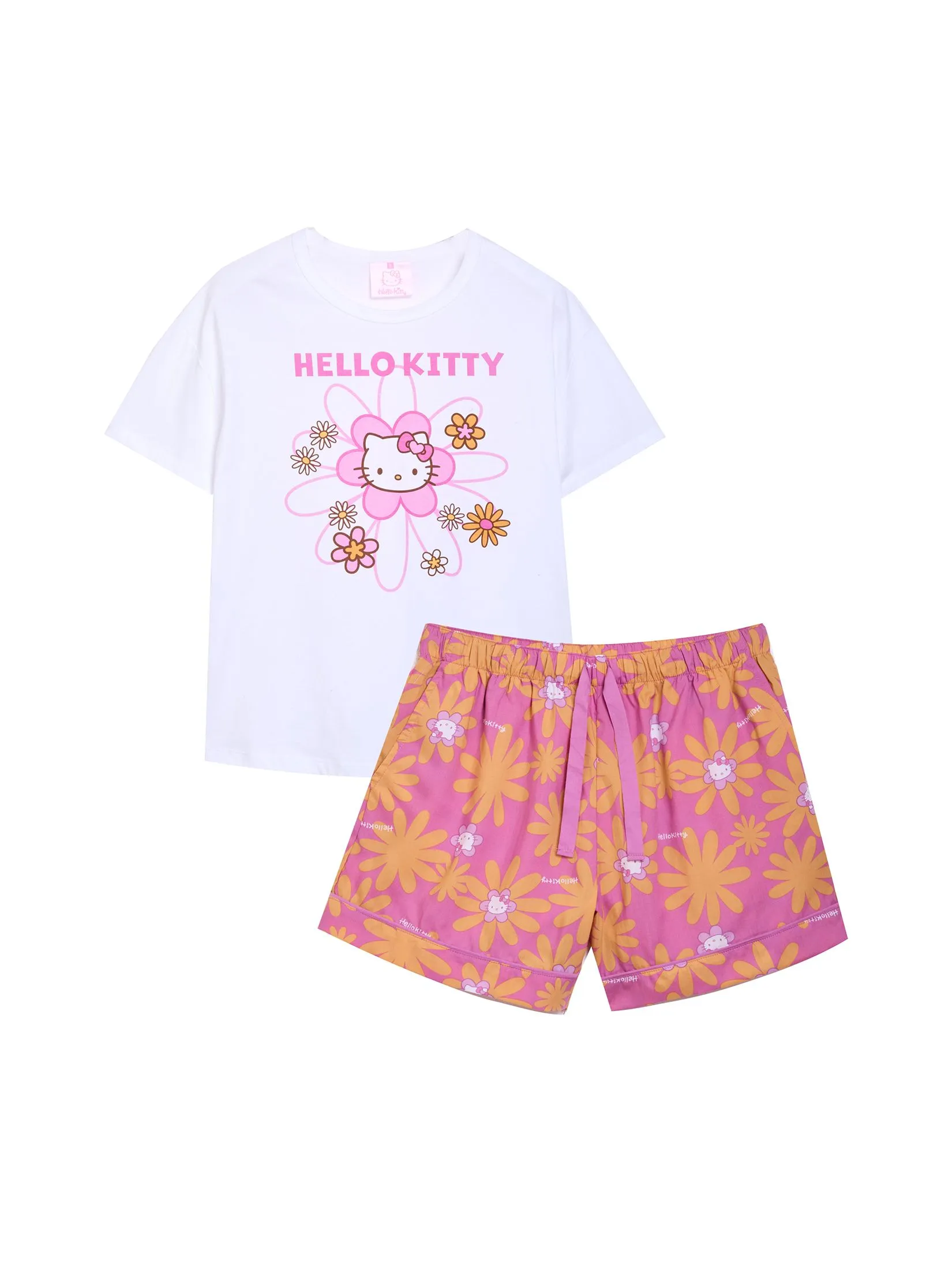 SANRIO Women Pyjamas T-Shirt Short Sleeves + Shorts Flower Face Hello Kitty Pink