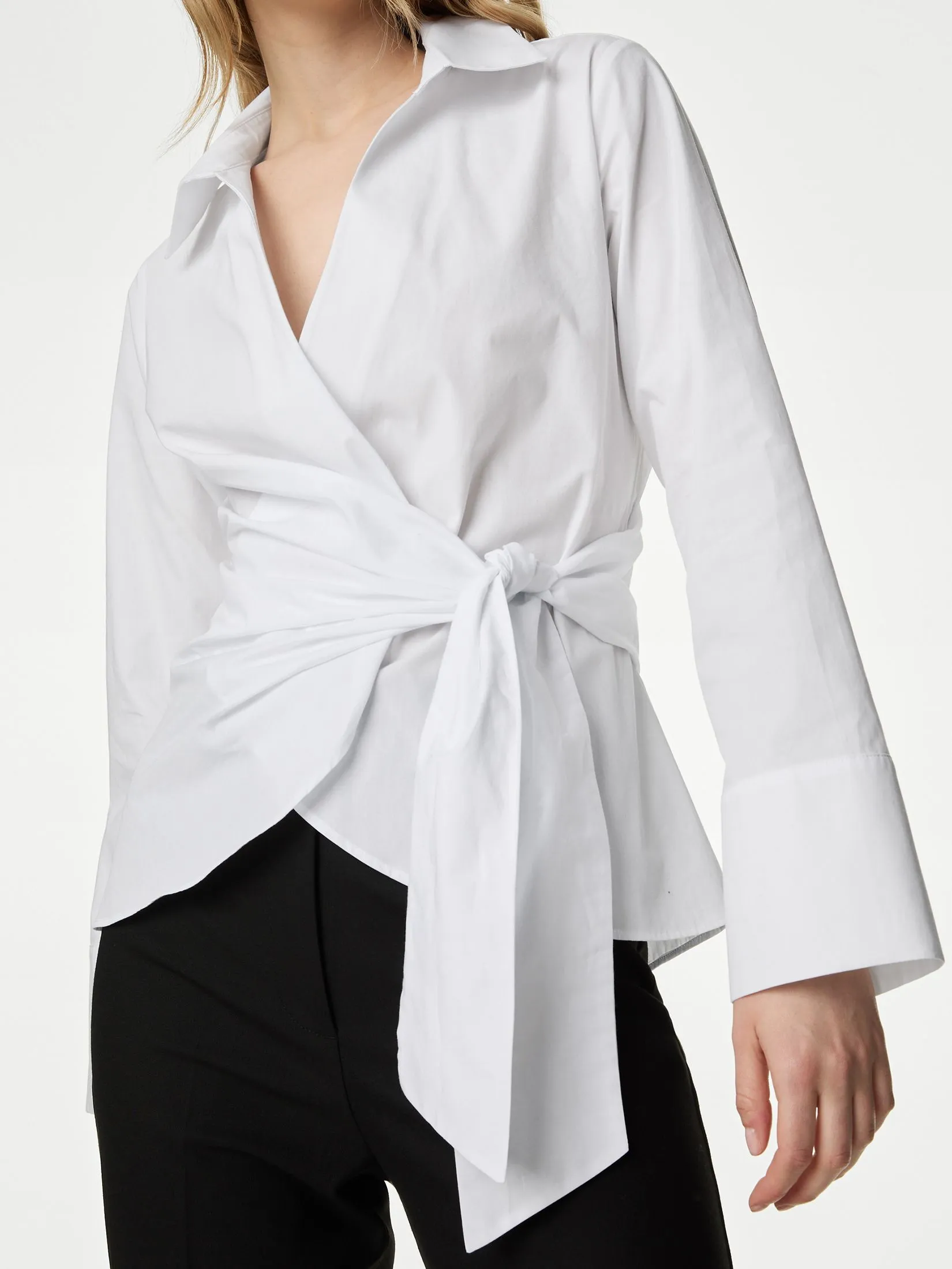 MARKS & SPENCER Women Shirt Pure Cotton Tie Front White