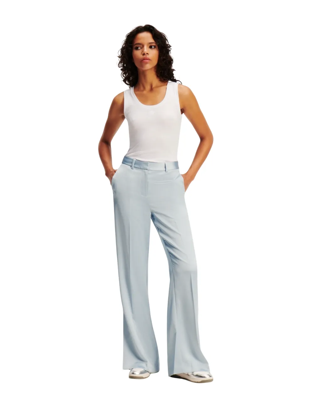KARL LAGERFELD RTW-1 FLUID SATIN TAILORED WOMEN PANTS CASHMERE BLUE