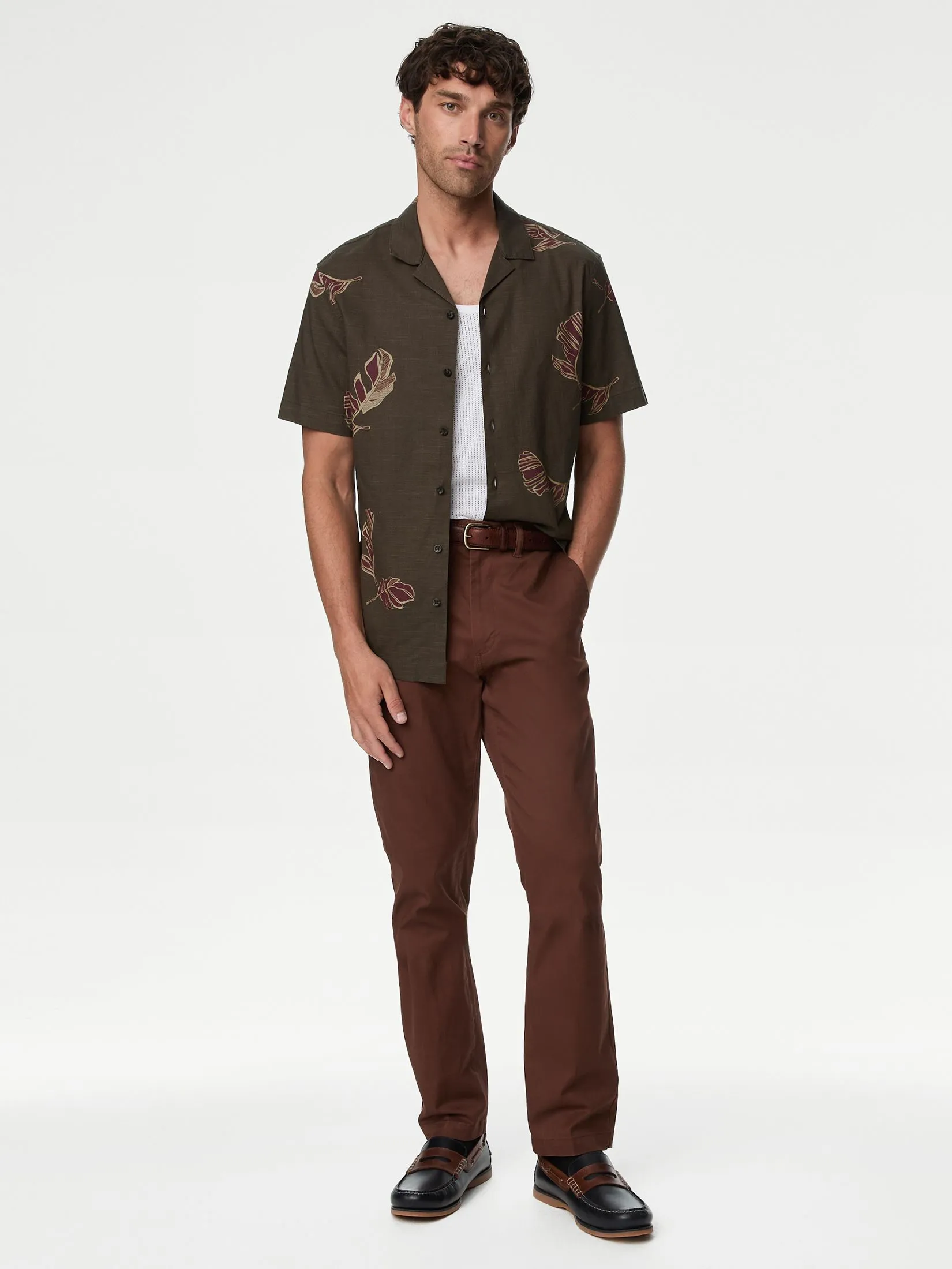 MARKS & SPENCER Men Shirt Short Sleeves Easy Iron Pure Cotton Hawaiian Print N4_Brown Mix