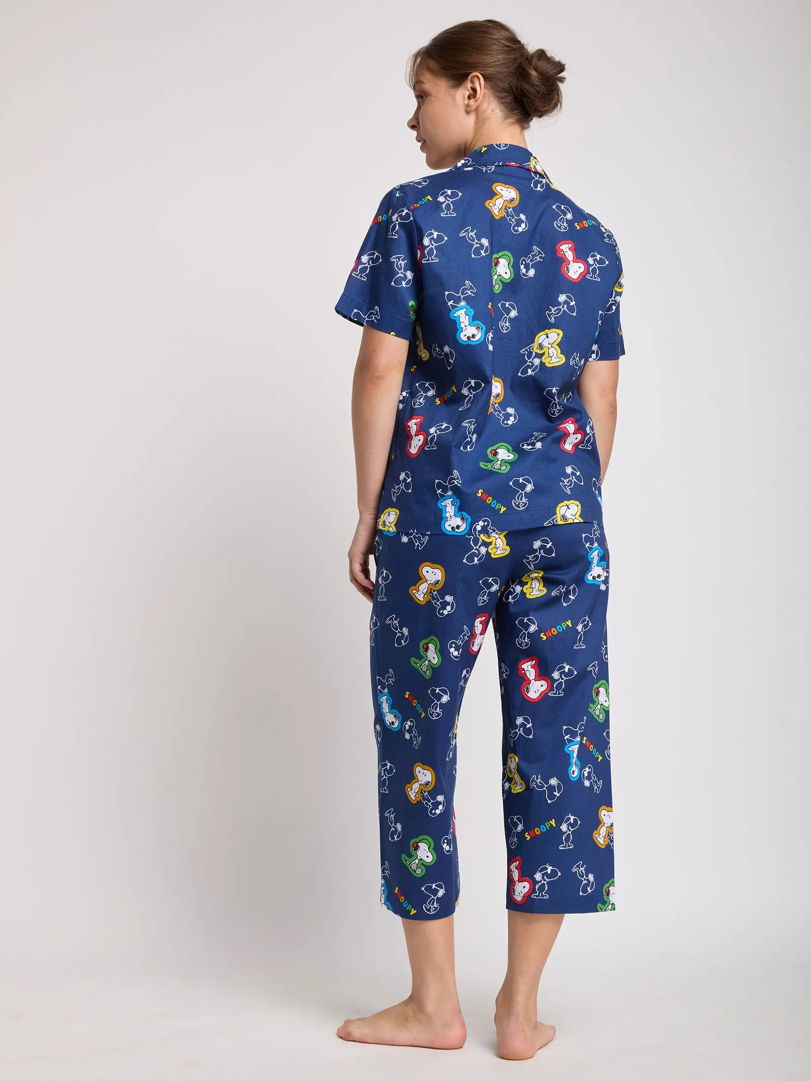 SWEET SENSATIONS Women Pyjamas Set Short Sleeves Shirt + Crop Pants Snoopy Print Dark Blue