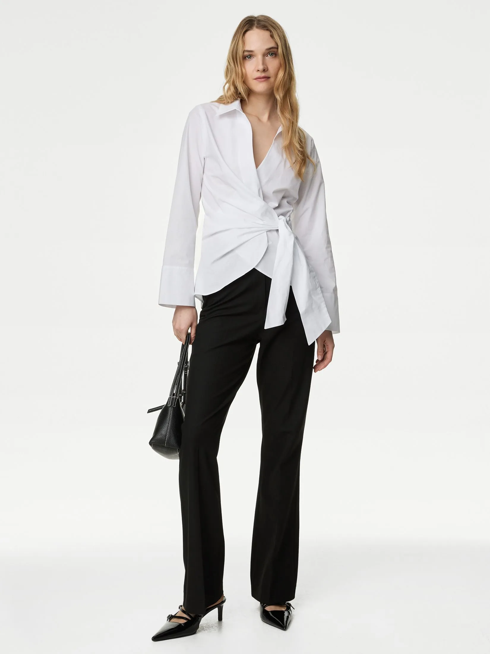 MARKS & SPENCER Women Shirt Pure Cotton Tie Front White