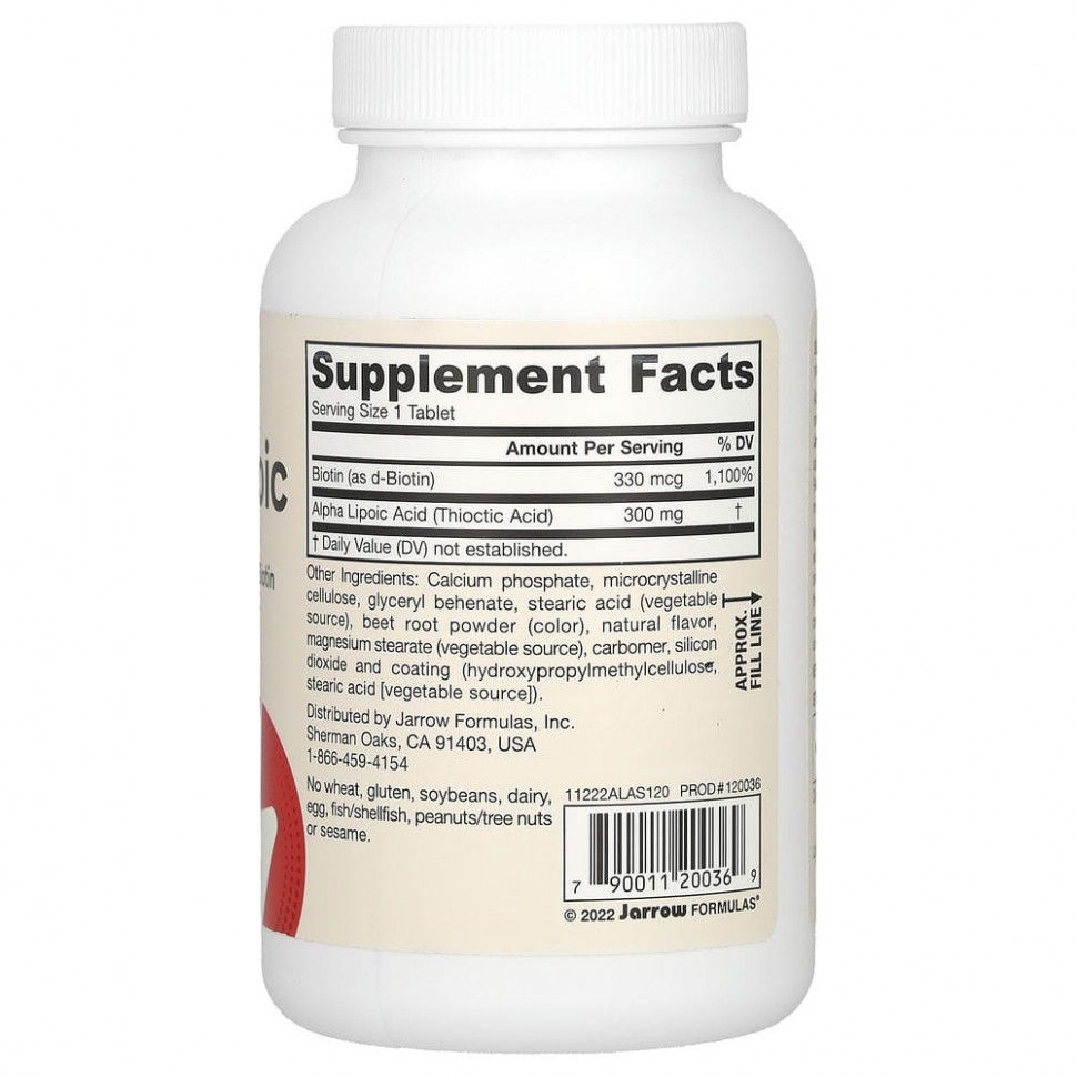 Jarrow Formulas, Alpha Lipoic Sustain, альфа-липоевая кислота с биотином, 300 мг, 120 таблеток