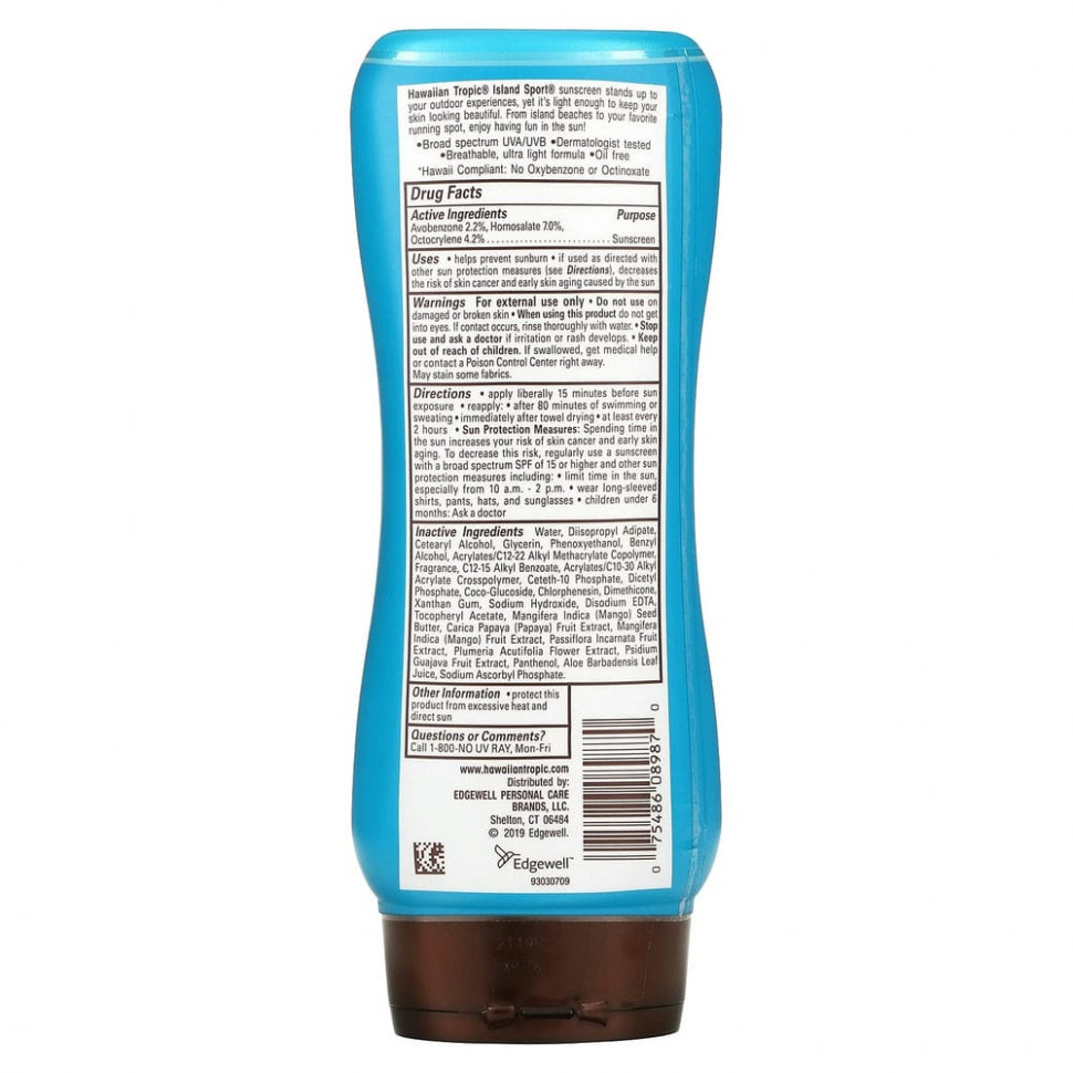 Hawaiian Tropic, Высокоэффективное солнцезащитное средство Island Sport с SPF 30, легкий тропический аромат, 236 мл
