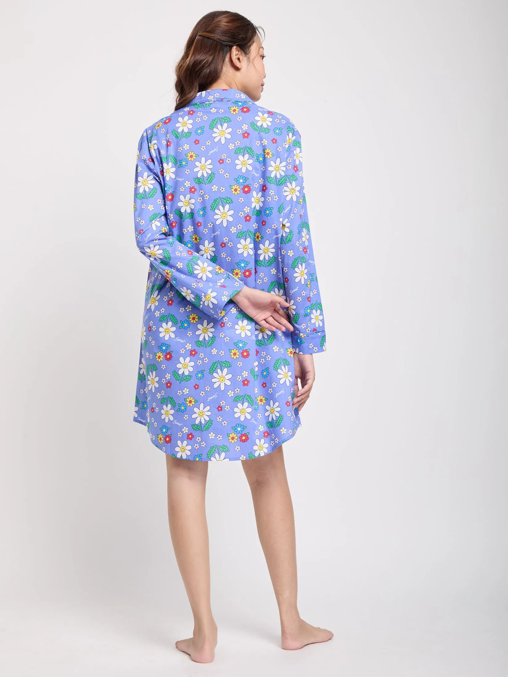 SWEET SENSATIONS Women Pyjamas Dress Long Sleeves Collar Neck Print Navy