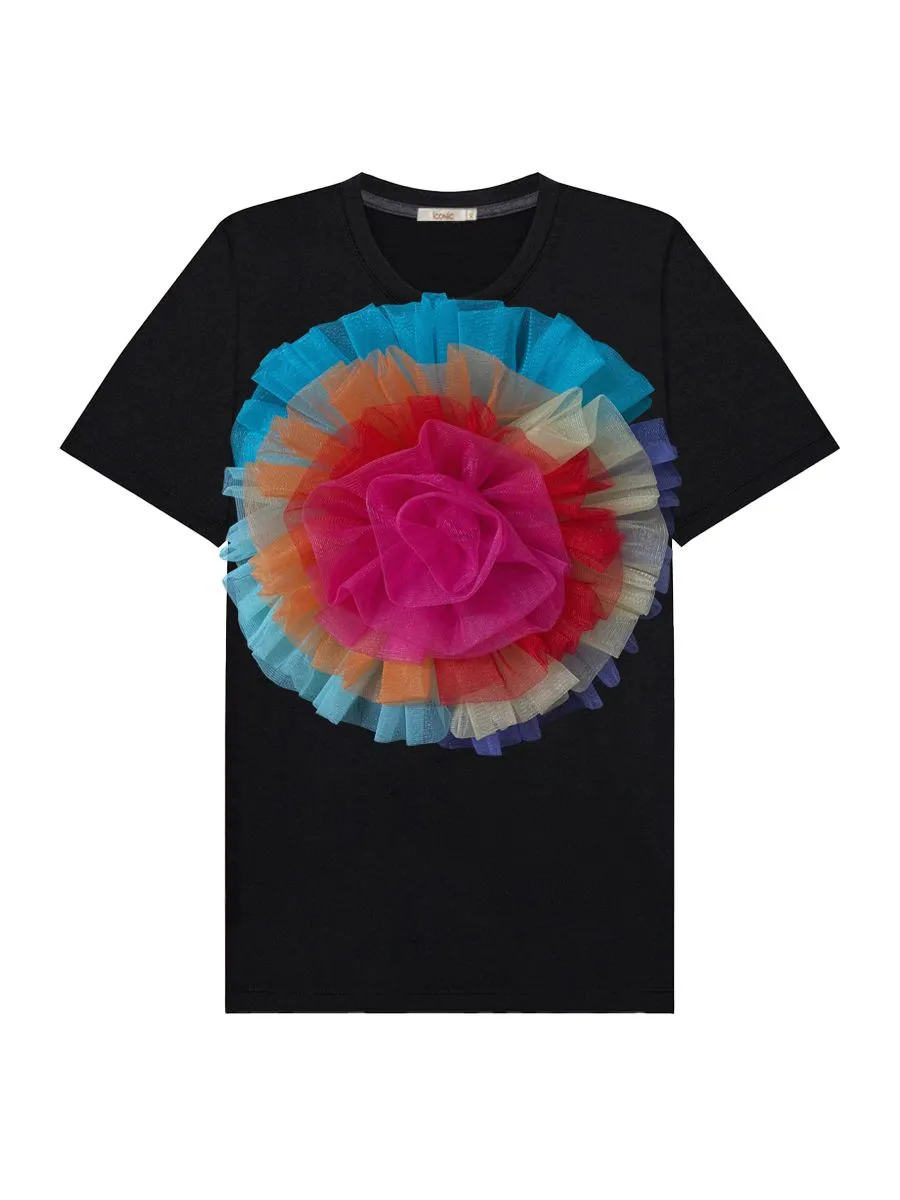 ICONIC BLACK BIG RAINBOW ROSE T-SHIRT