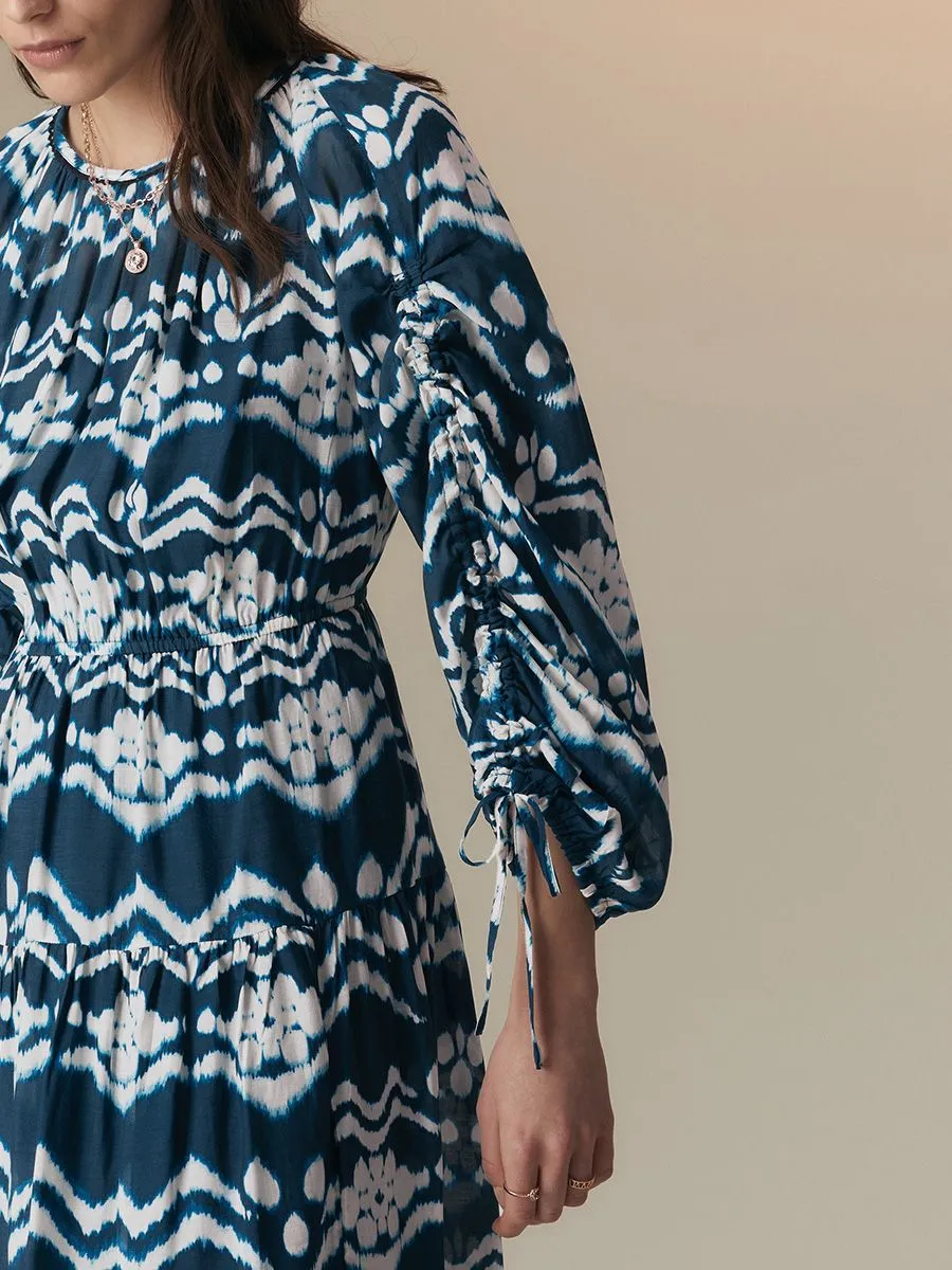 MARKS & SPENCER Women Midi Dress Waisted Cupro Blend Printed Blue Mix