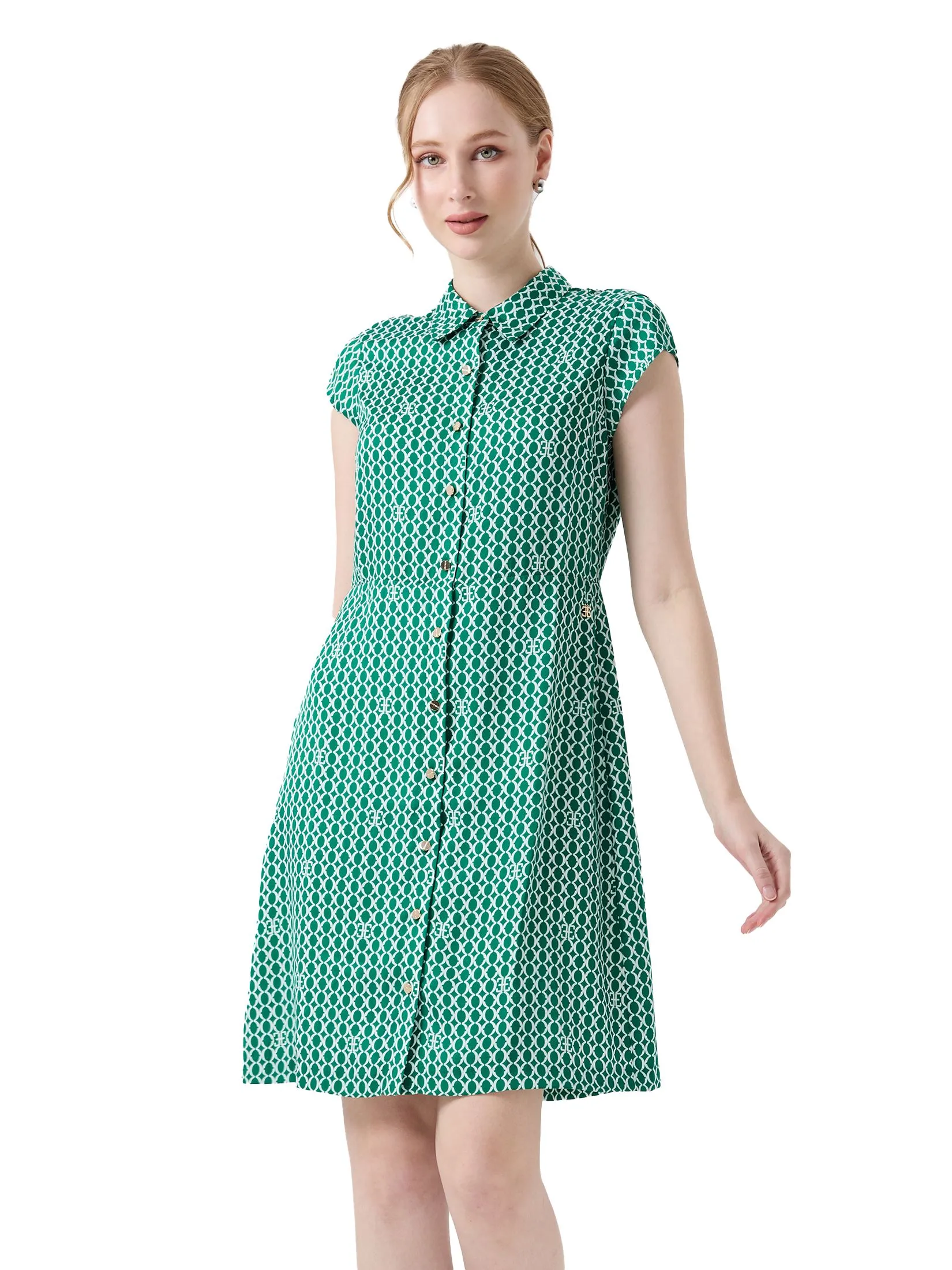ESPADA Knee-Length Geometric Print Shirt Dress Women Green