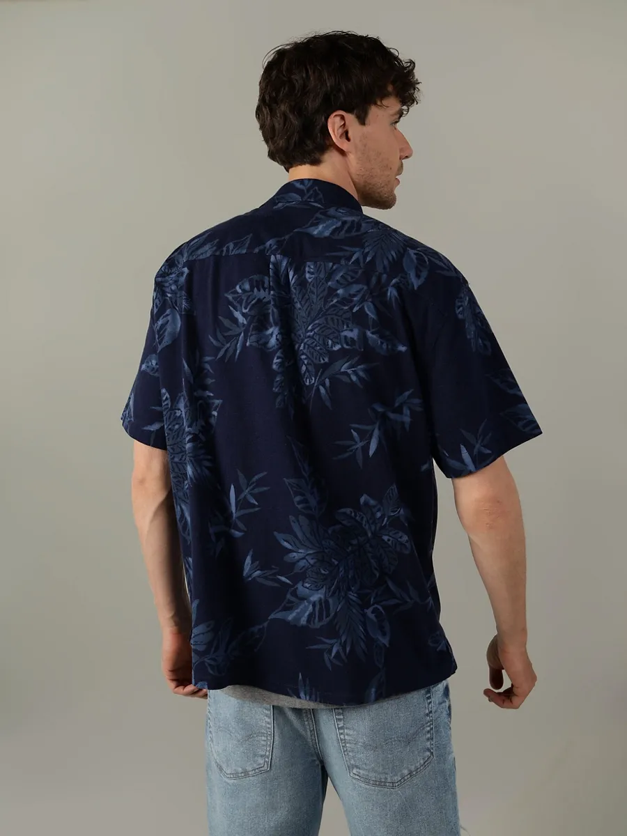 AMERICAN EAGLE MEN K - INTL SS PRINTED CAMP SHIRT 427 SUPER INDIGO