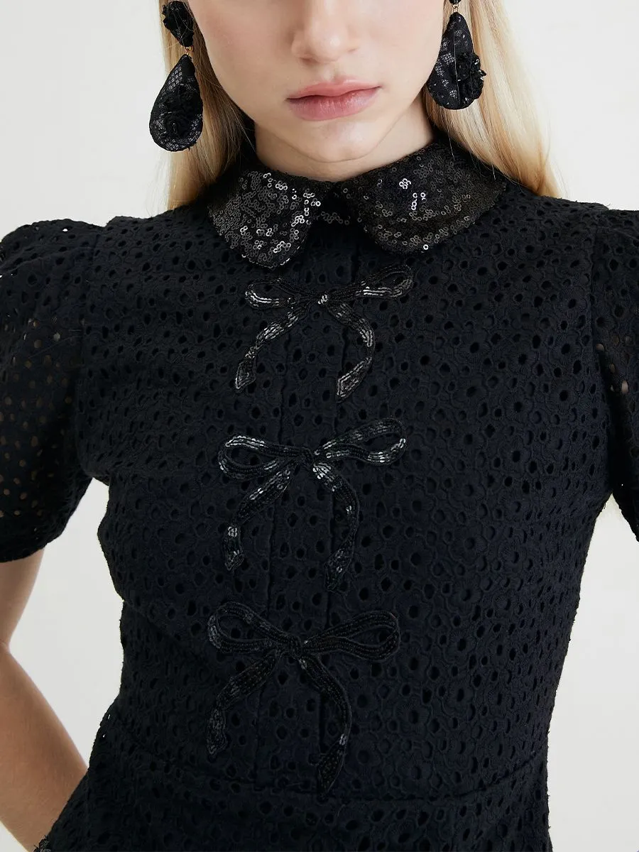 KLOSET (RS24)Ribbon Bow Openwork Dress Black