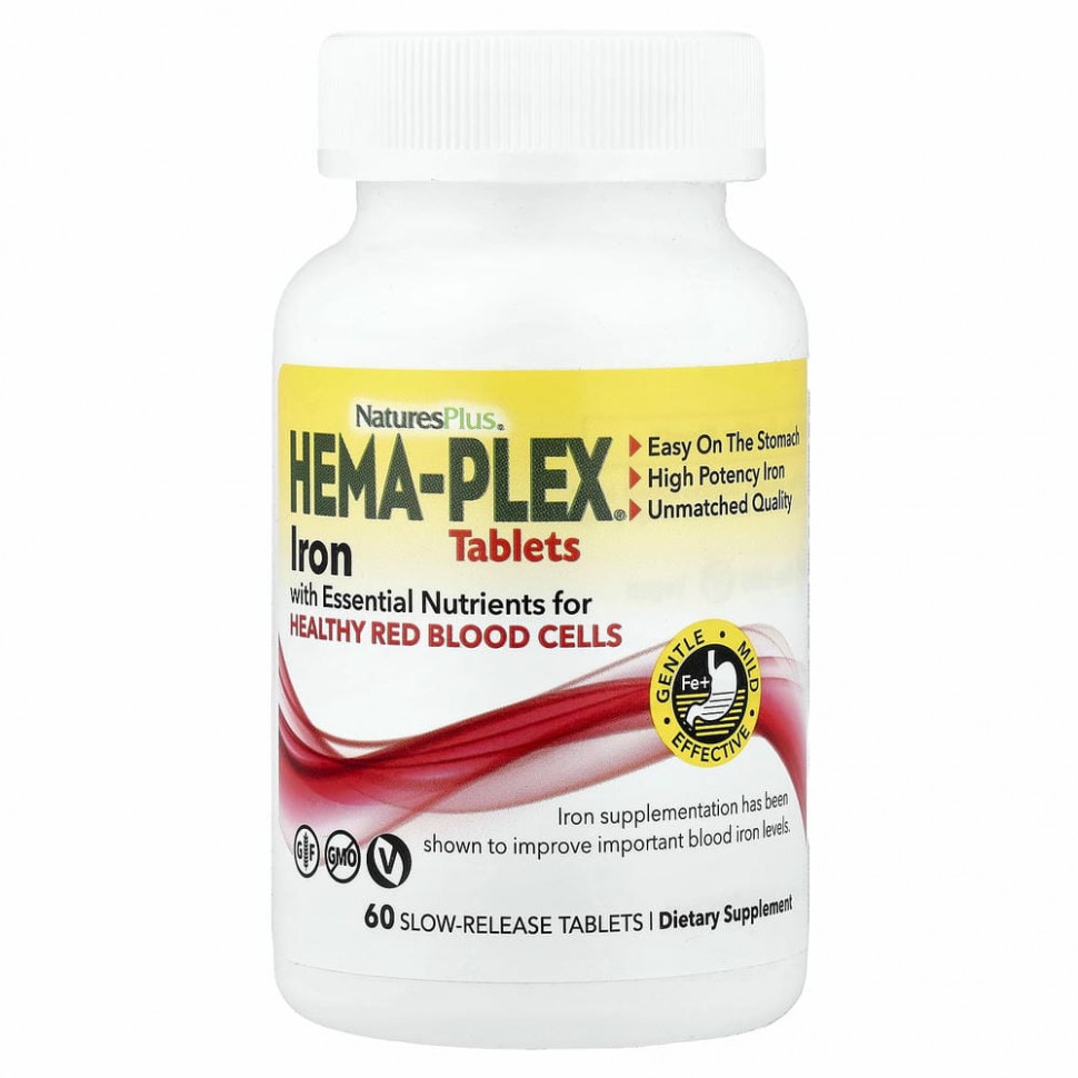 NaturesPlus, Hema-Plex, железо с незаменимыми питательными веществами для здоровых эритроцитов, 60 таблеток с медленным высвобождением