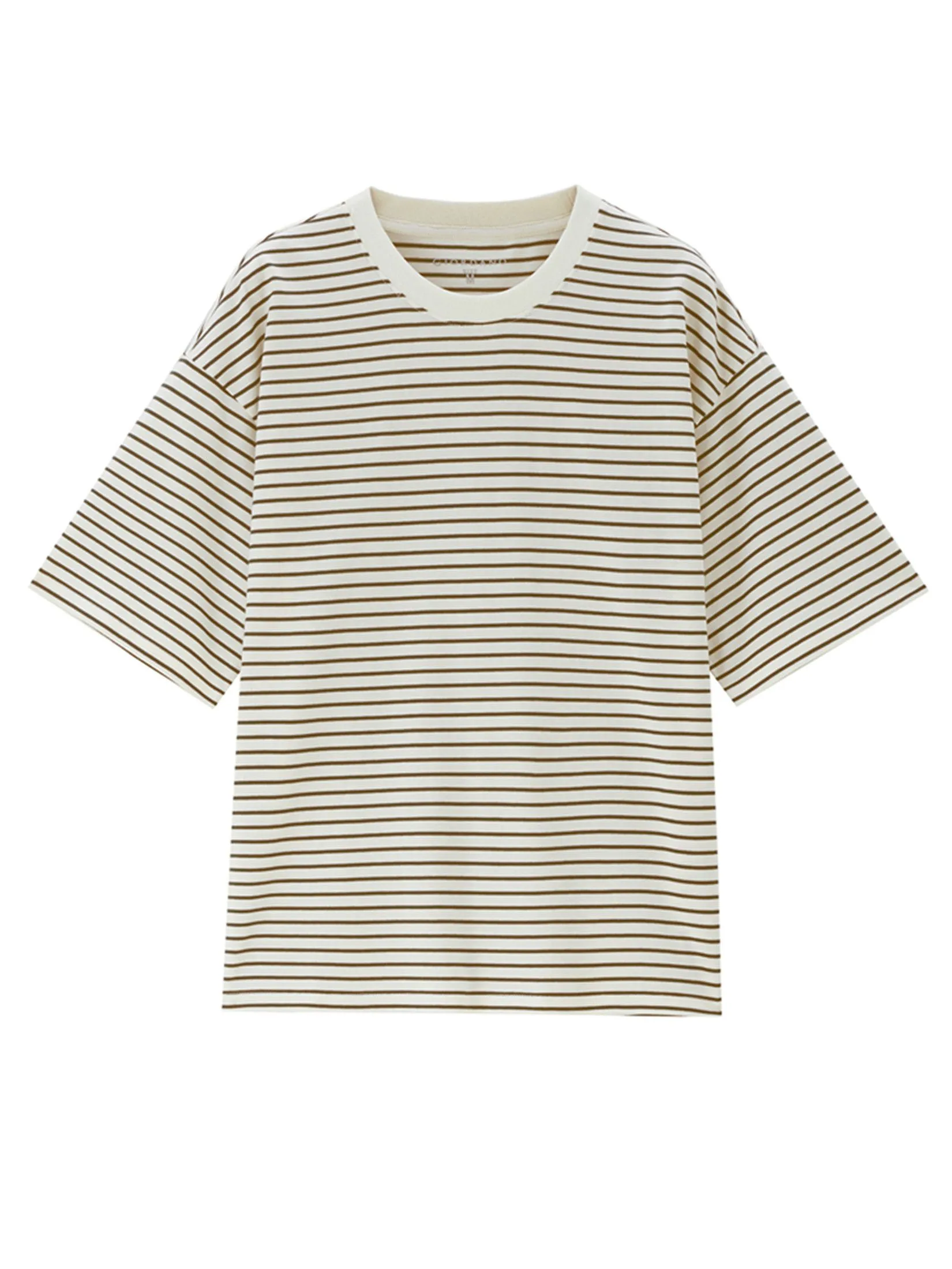 GIORDANO Women's Beau Monde Loose Stripe T-Shirt Khaki Tea Brown