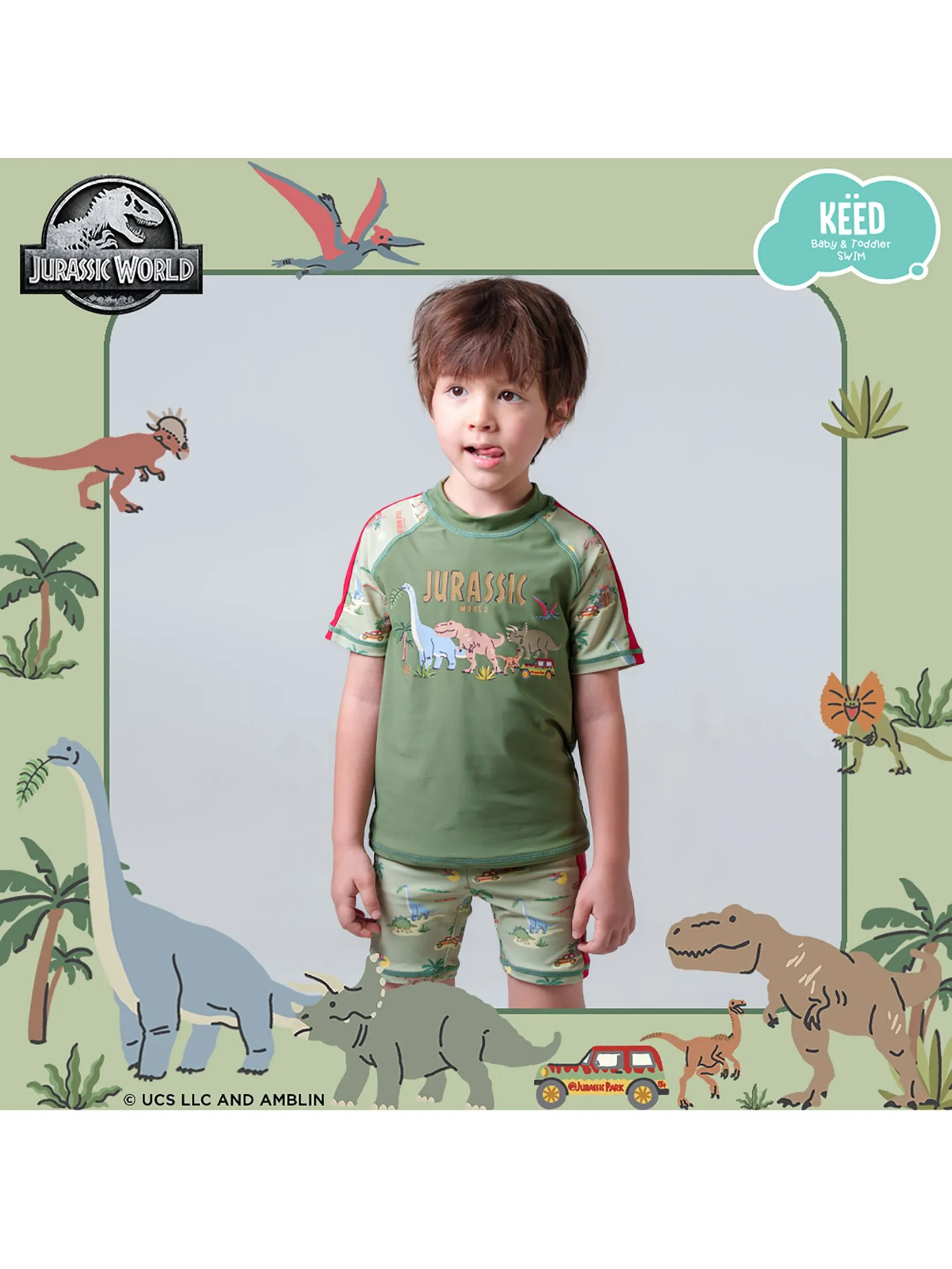 KEED Boy Swimming Set Rashguard Short Sleeves + Shorts Jurassic World Khaki Green