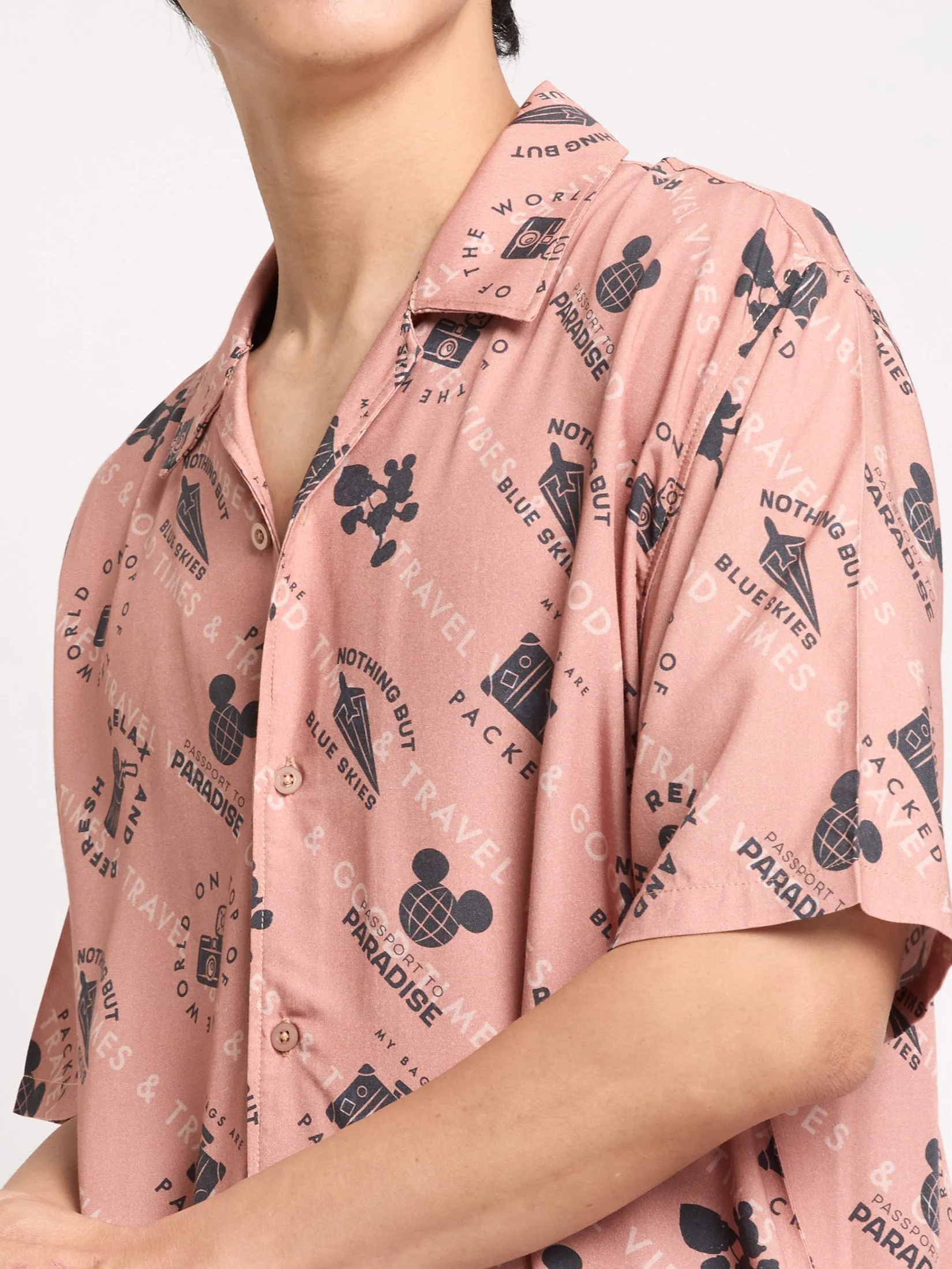 PACIFIC UNION Men Oversized Shirt Short Sleeves Mickey Mouse Graphic Printed Brown