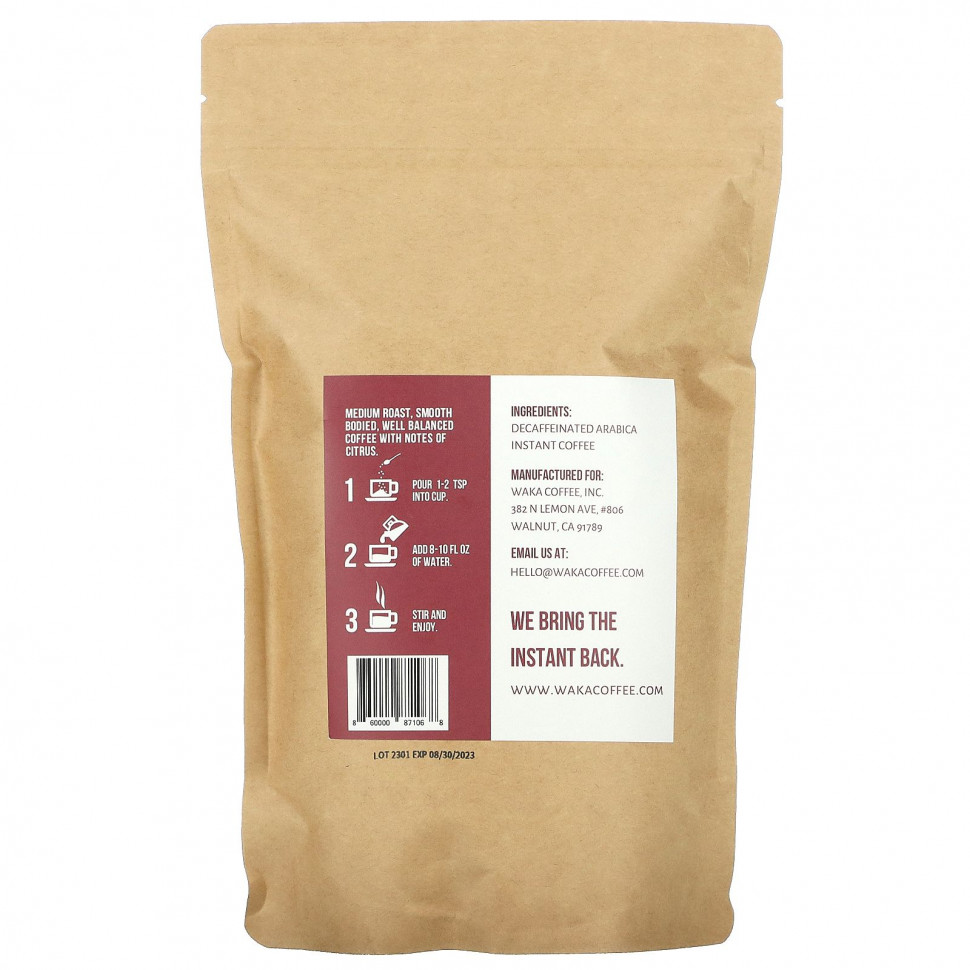 Waka Coffee, Растворимый кофе из 100% арабики, сублимированный колумбийский, средней обжарки, без кофеина, 226 г (8 унций)